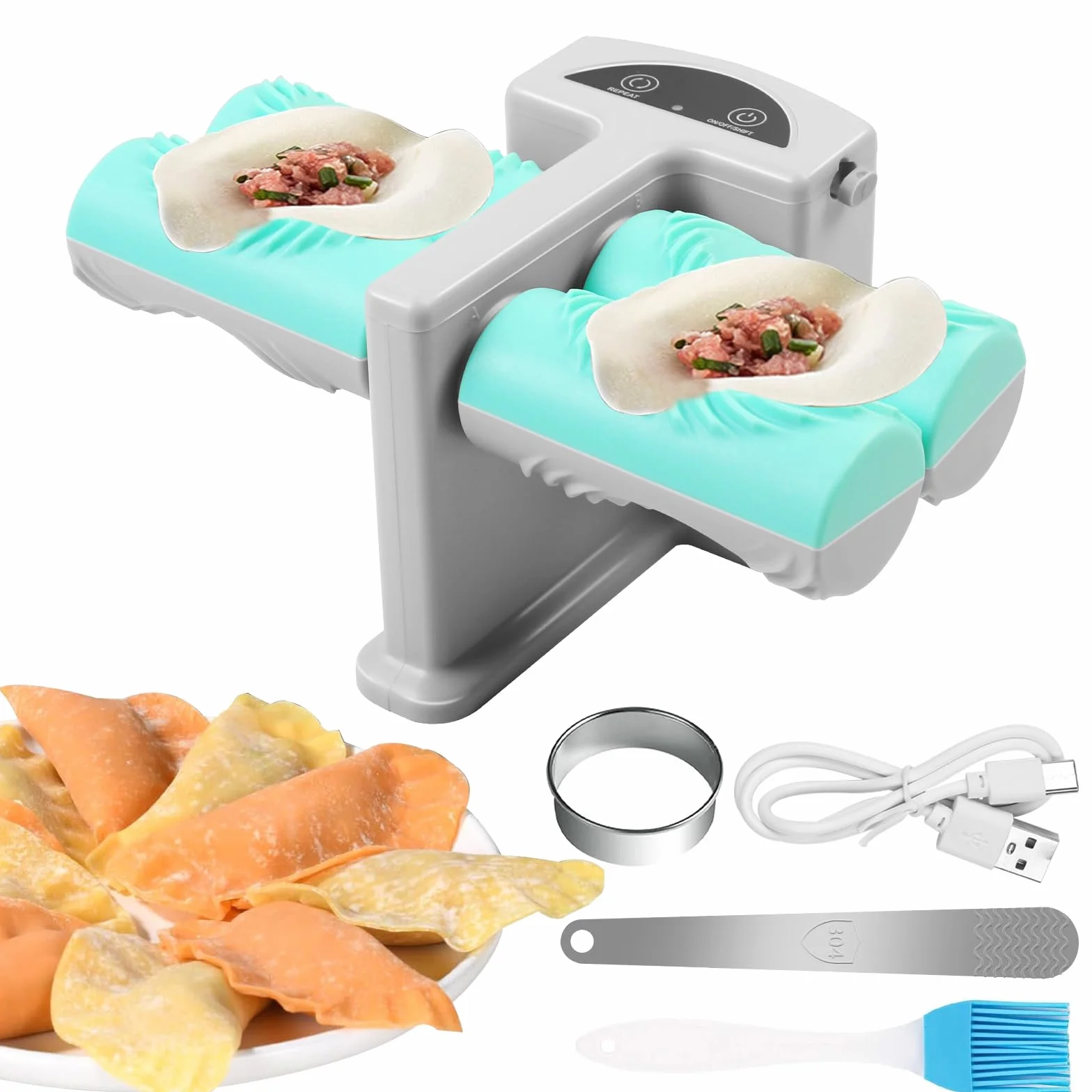 MaxAwe Automatyczna maszyna do pierogów z podwójną głowicą, elektryczna foremka do pierogów, z łyżeczką i szczotką, ładowanie przez USB, 2 tryby pracy, do domu, kuchni, restauracji