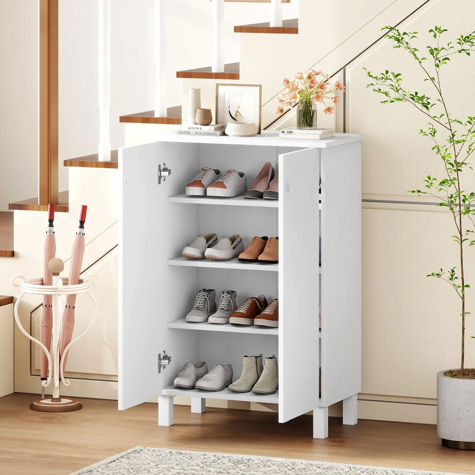 COSTWAY Szafka na buty 4-poziomowa drewniana biała 60x33,5x90 cm