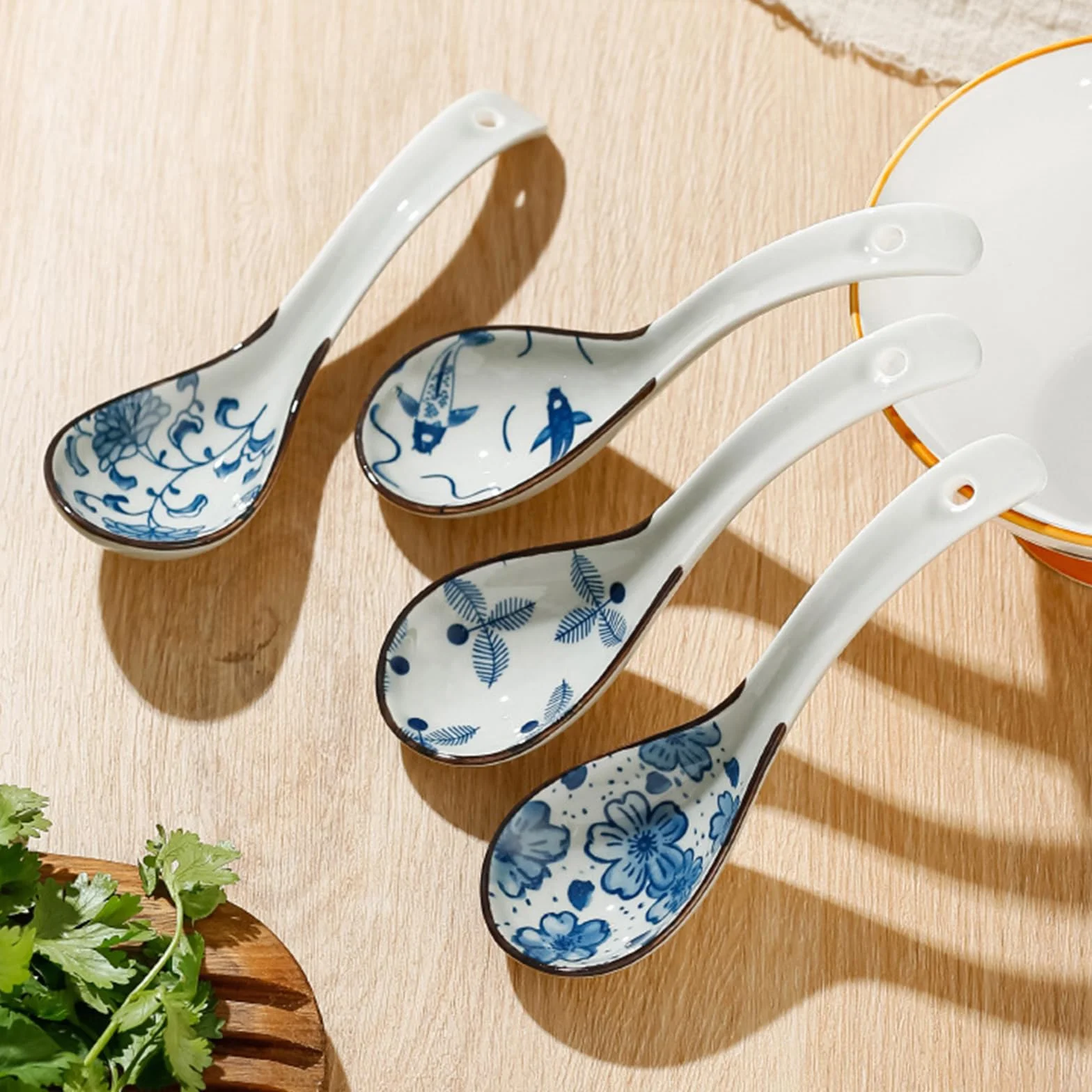 Chińskie łyżki do zupy, ceramiczne łyżki do zupy, japoński styl, zestaw łyżek do ramenu, porcelanowe łyżki, ceramiczne łyżki retro, azjatycka zastawa stołowa do ramenu, ryżu, wonton, pho, pierogów