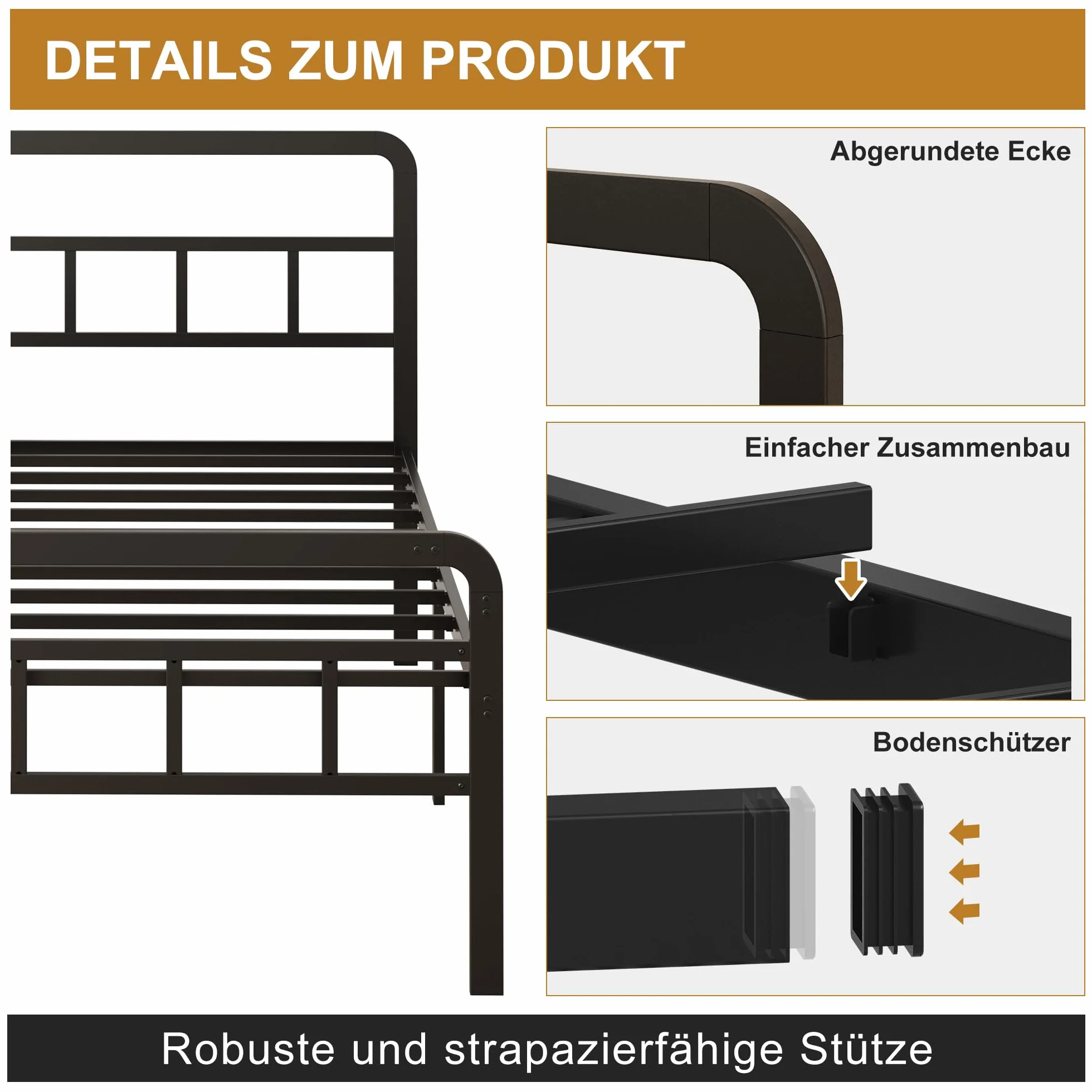 Yicensen Metalowa ramka łóżka 140x200 cm z zegarzkiem i poduszkiem łóżka, ramka metalowa o wysokości 46 cm z mocnym wspornikiem, miejsce na magazynowanie pod łóżkiem