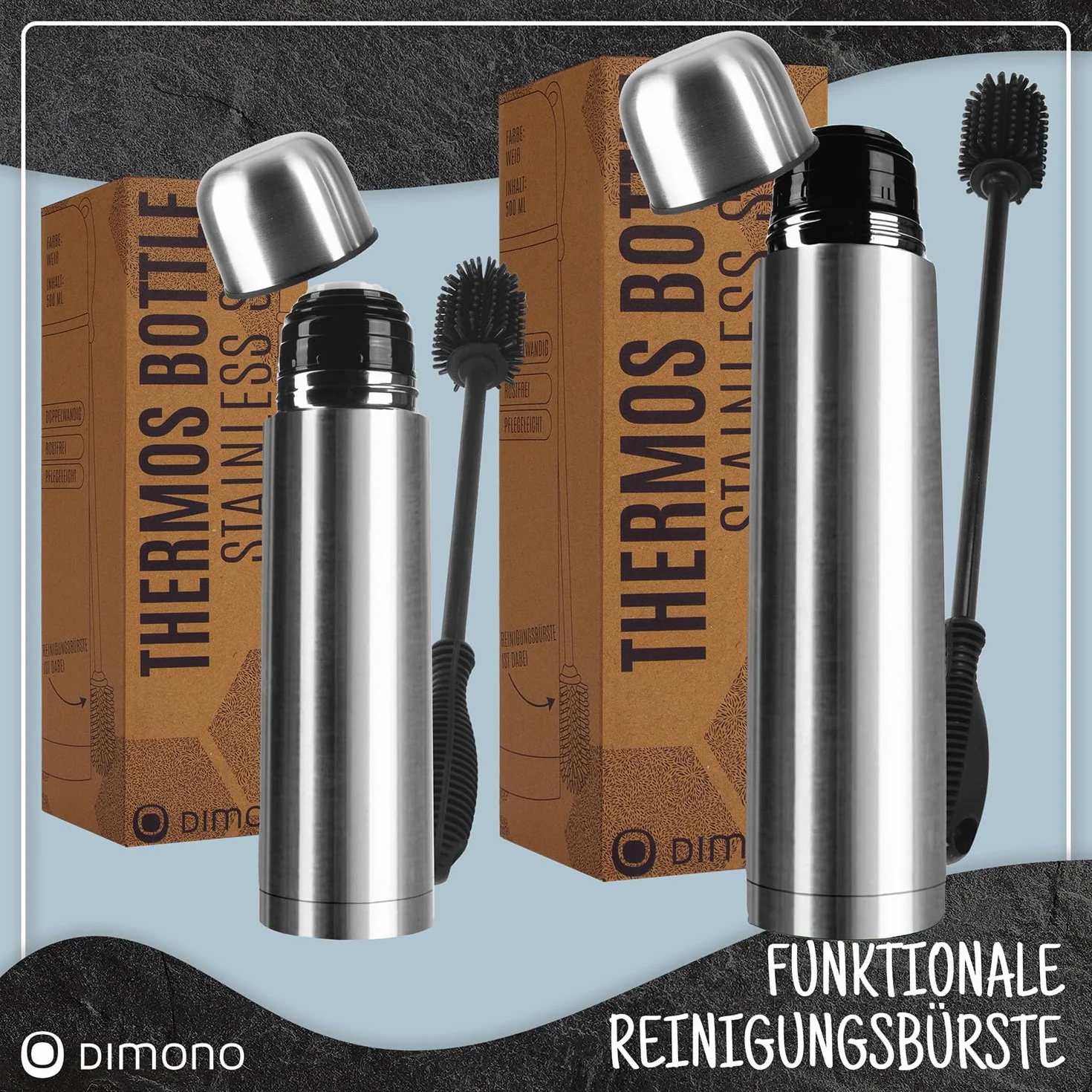 DIMONO® Termos Próżniowy ze Stali Nierdzewnej 500 ml z Kubkiem | Szczelny dzbanek termiczny bez BPA - mycie w zmywarce - zestaw z kubkiem i szczoteczką, 500 ml / 1000 ml