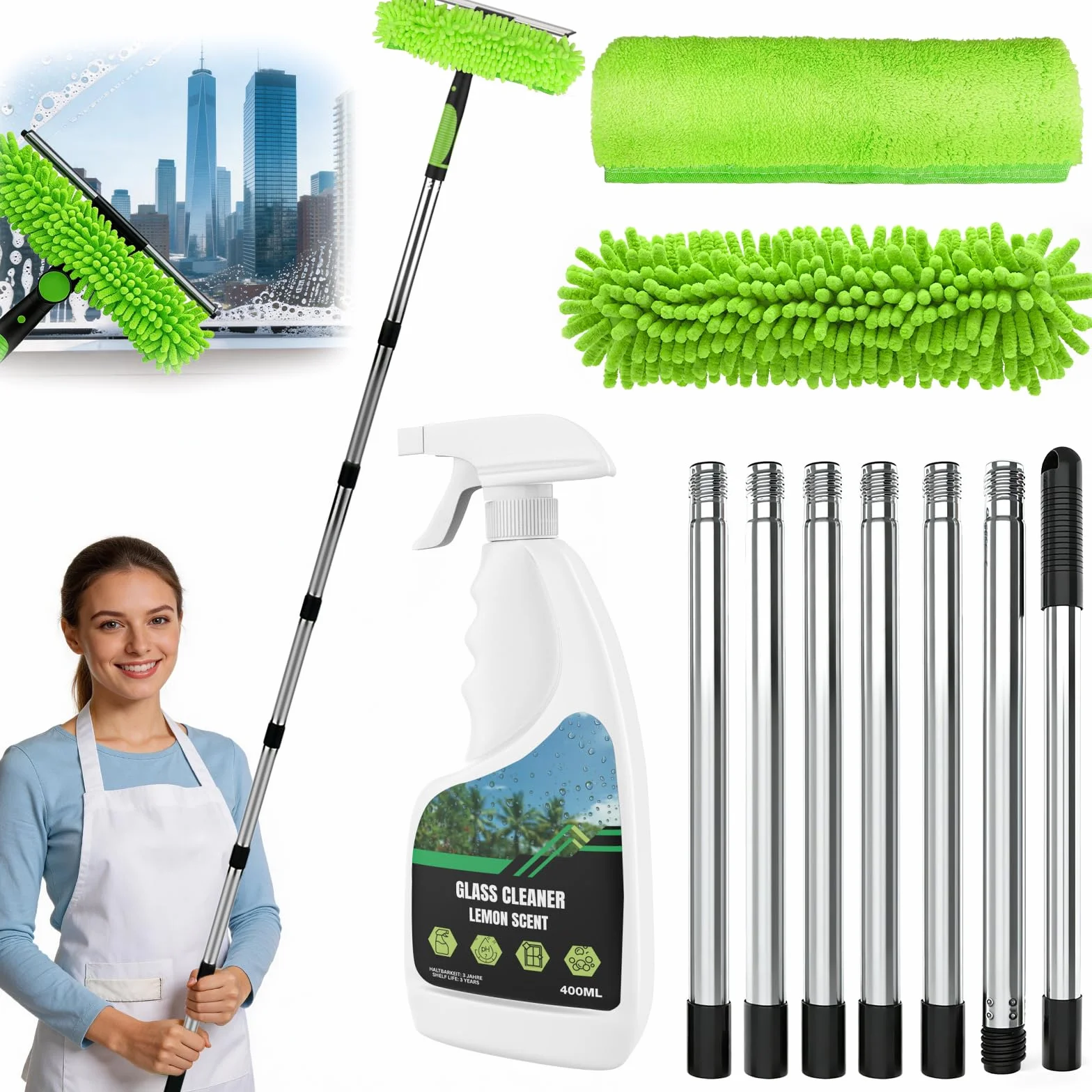 3M Zestaw do Czyszczenia Okien, 400 ML Płynu do Mycia Okien- Silikonową Ściągaczka i Ściereczki do Okien z Mikrofibry(30cm) do Szklanych Drzwi Prysznicowych, Luster i Samochodów
