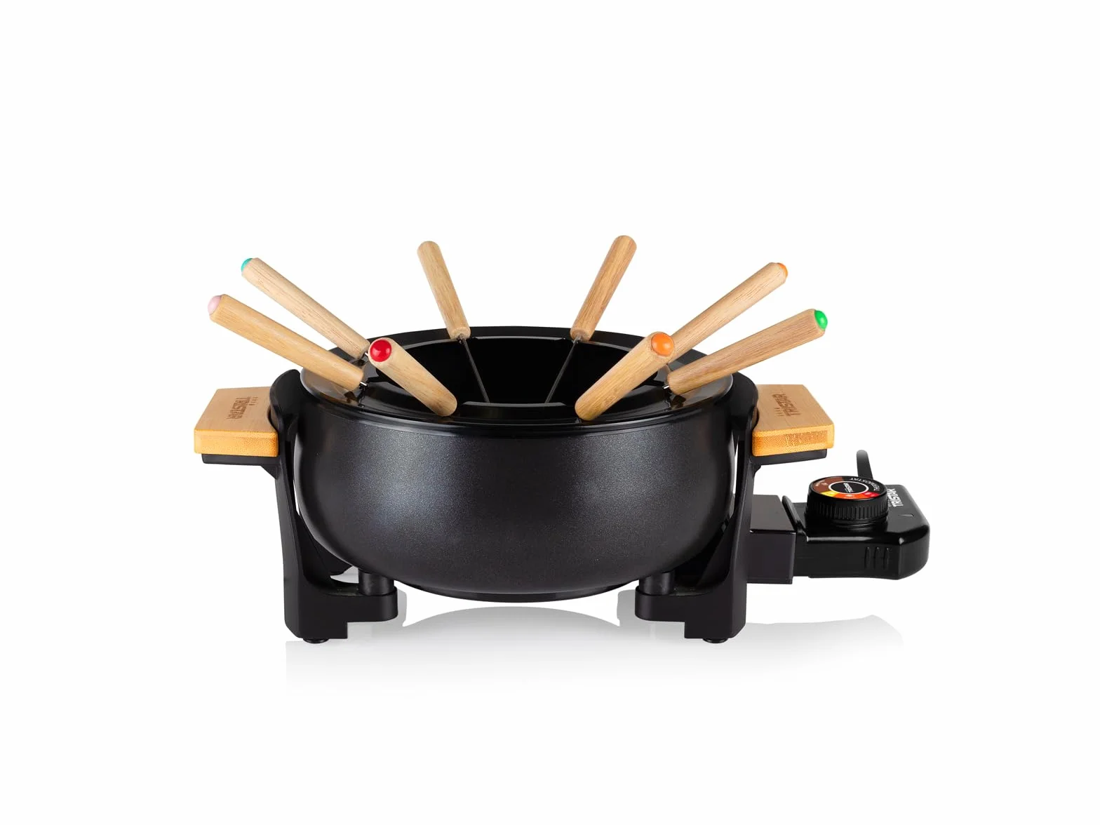 Fondue Tristar FO-1108 - bambusowe wykończenie - obudowa z czarnej matowej stali - do 8 osób - 1000 W