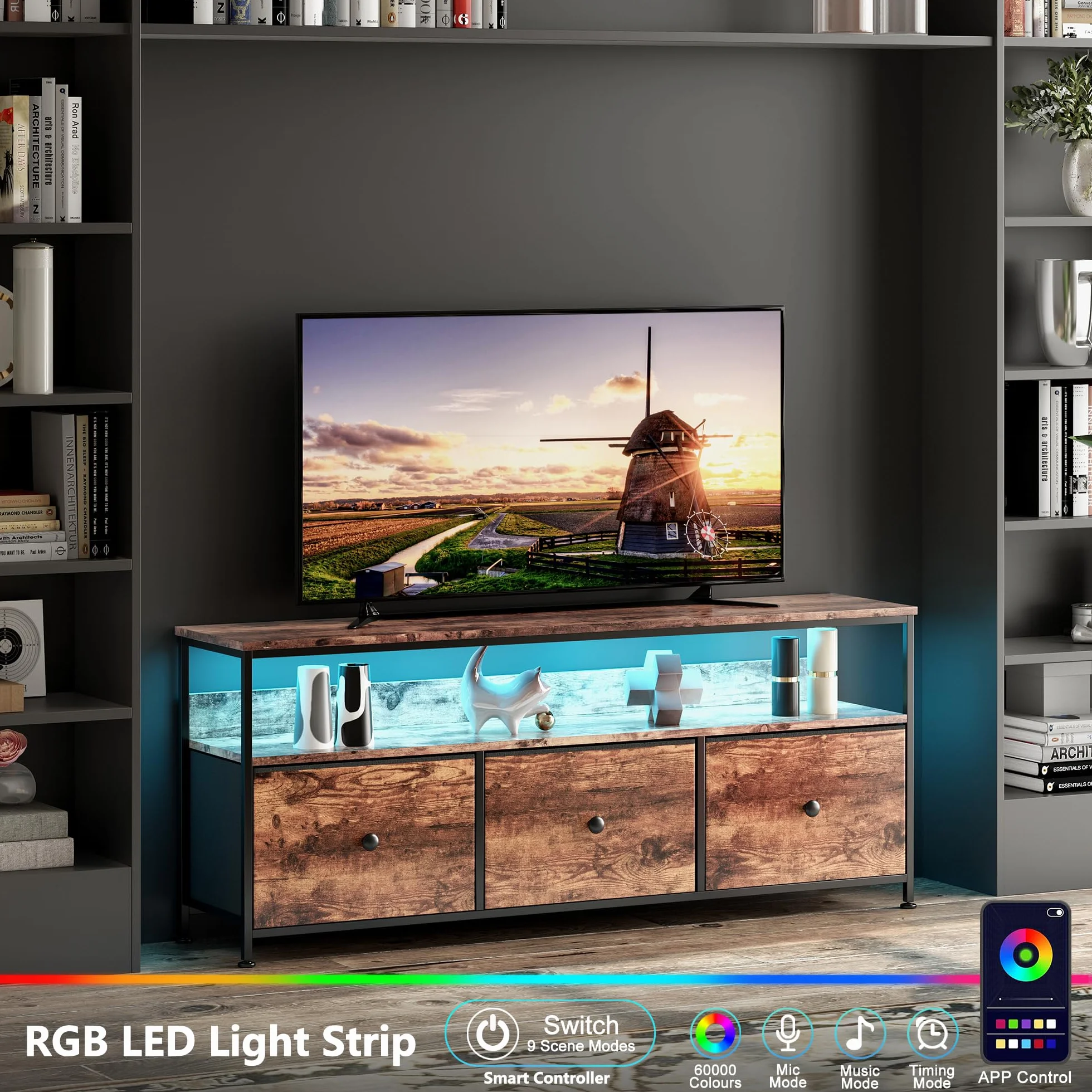 MINGZHE Szafka TV, stolik pod telewizor w stylu retro, stojak na media, stojak na telewizor z szufladami, centrum rozrywki, konsola medialna, stojak pod telewizor do salonu, retro, brązowa, 137 x 30 x