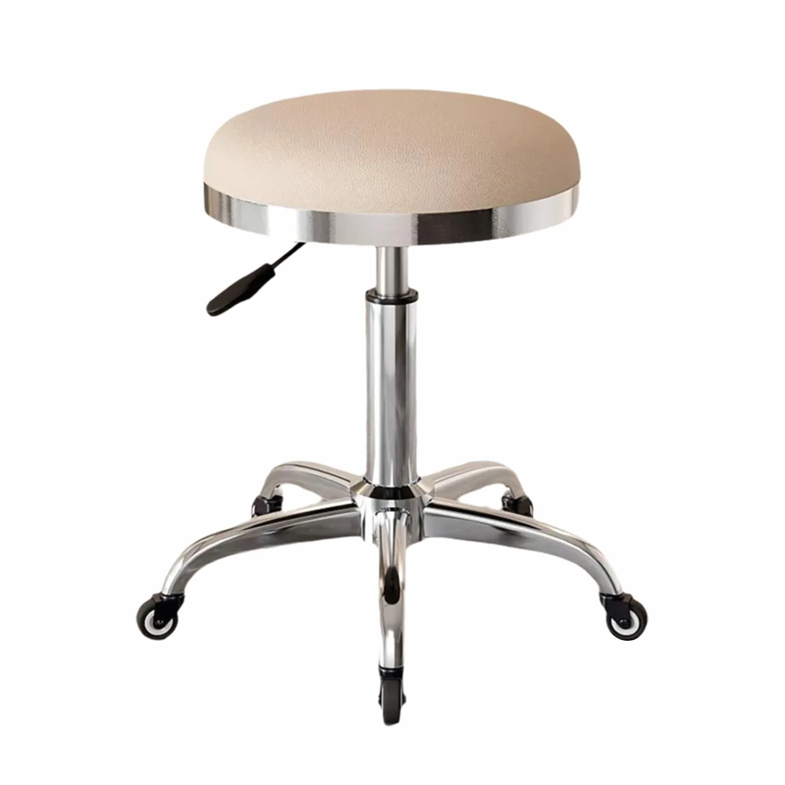Stołek na Kółkach Regulowana Wysokość 45-56cm Ergonomiczny Taboret ze Skóry Ddo Salonu, Baru, Domu, Biura, Tatoo, Medyczne, do Masażu(Beige)