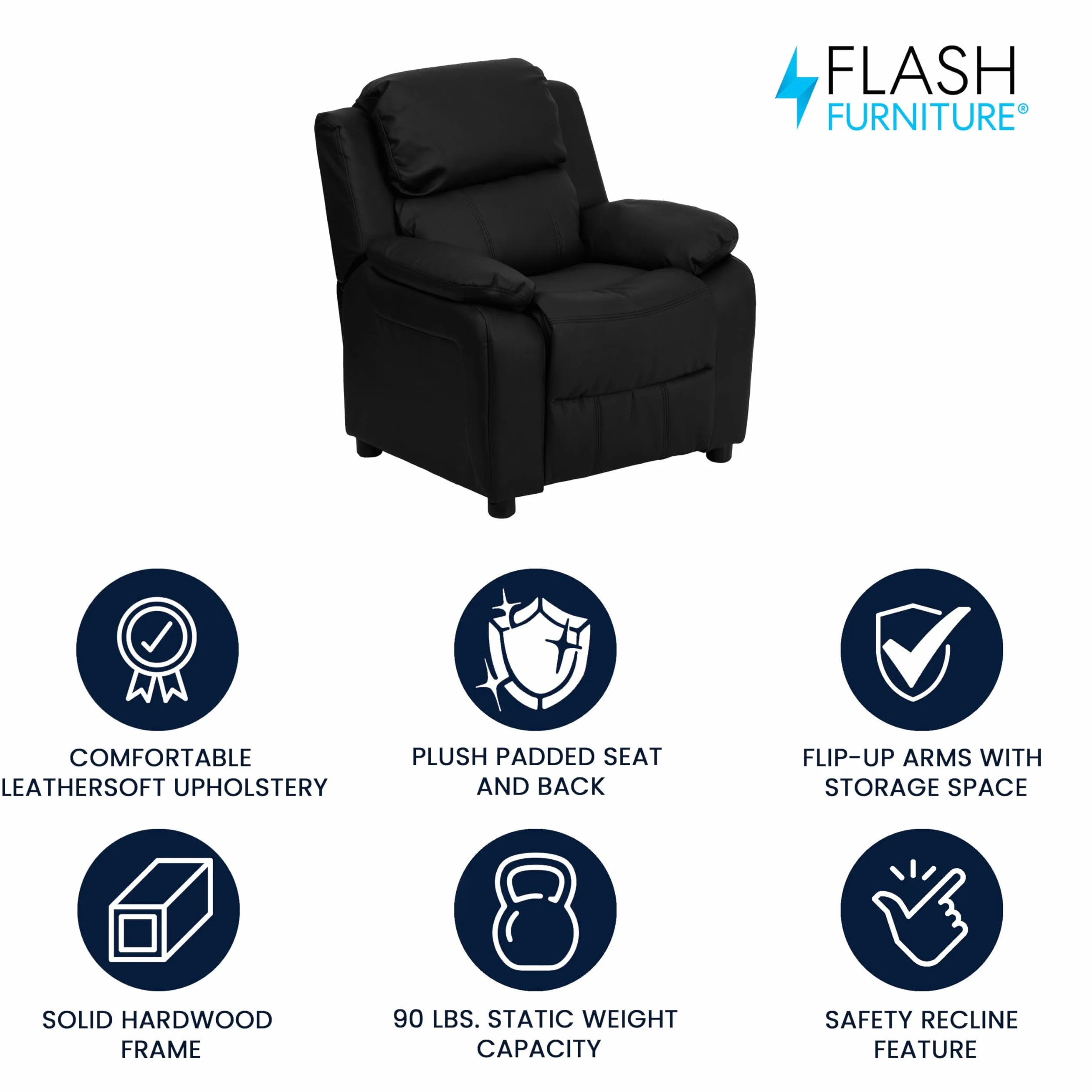 Flash Furniture Deluxe Wyściełany współczesny fotel dziecięcy z podłokietnikami do przechowywania, skórzany, czarny, 66,04 x 53,34 x 53,34 cm