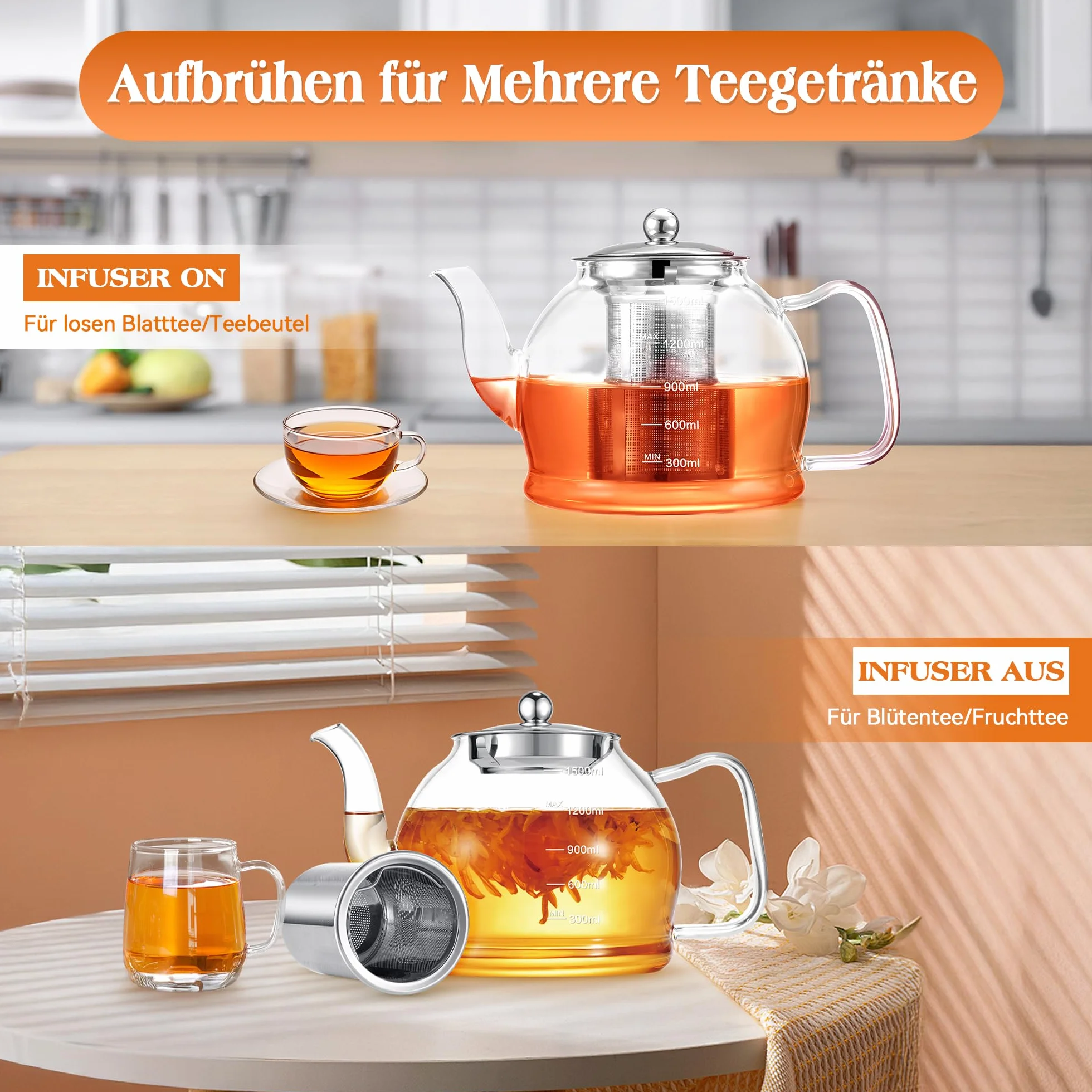 Dzbanek do herbaty ze szkła 1,5 L, dzbanek do herbaty z wkładem sitowym, dzbanek do herbaty STNTUS ze szklanym sitkiem na luźną herbatę, herbatę kwiatową, dzbanek do herbaty bez kroplowania