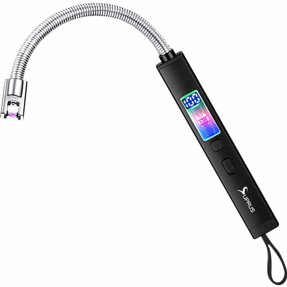 SUPRUS Elektryczna zapalniczka świecowa wiatroszczelna ładowalna USB-C z cyfrowym wyświetlaczem baterii przełącznik bezpieczeństwa oświetlenia otoczenia 360° elastyczna szyja bezpłomieniowa plazma