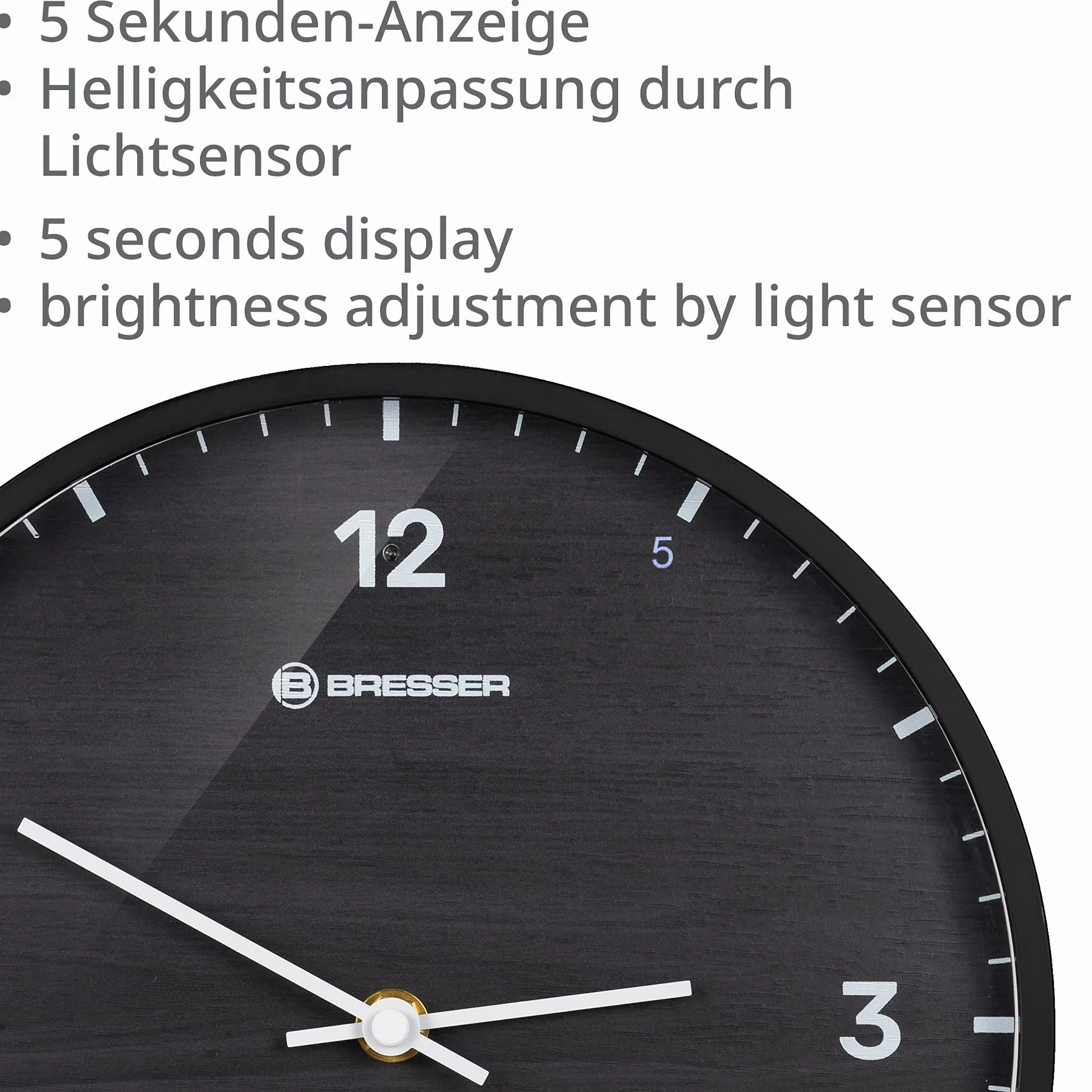 Bresser Zegar radiowy MyTime LEDsec z tarczą 24 cm, wyświetlaczem sekundnika LED, temperatura wewnętrzna i bezgłośny mechanizm zegarowy, czarny