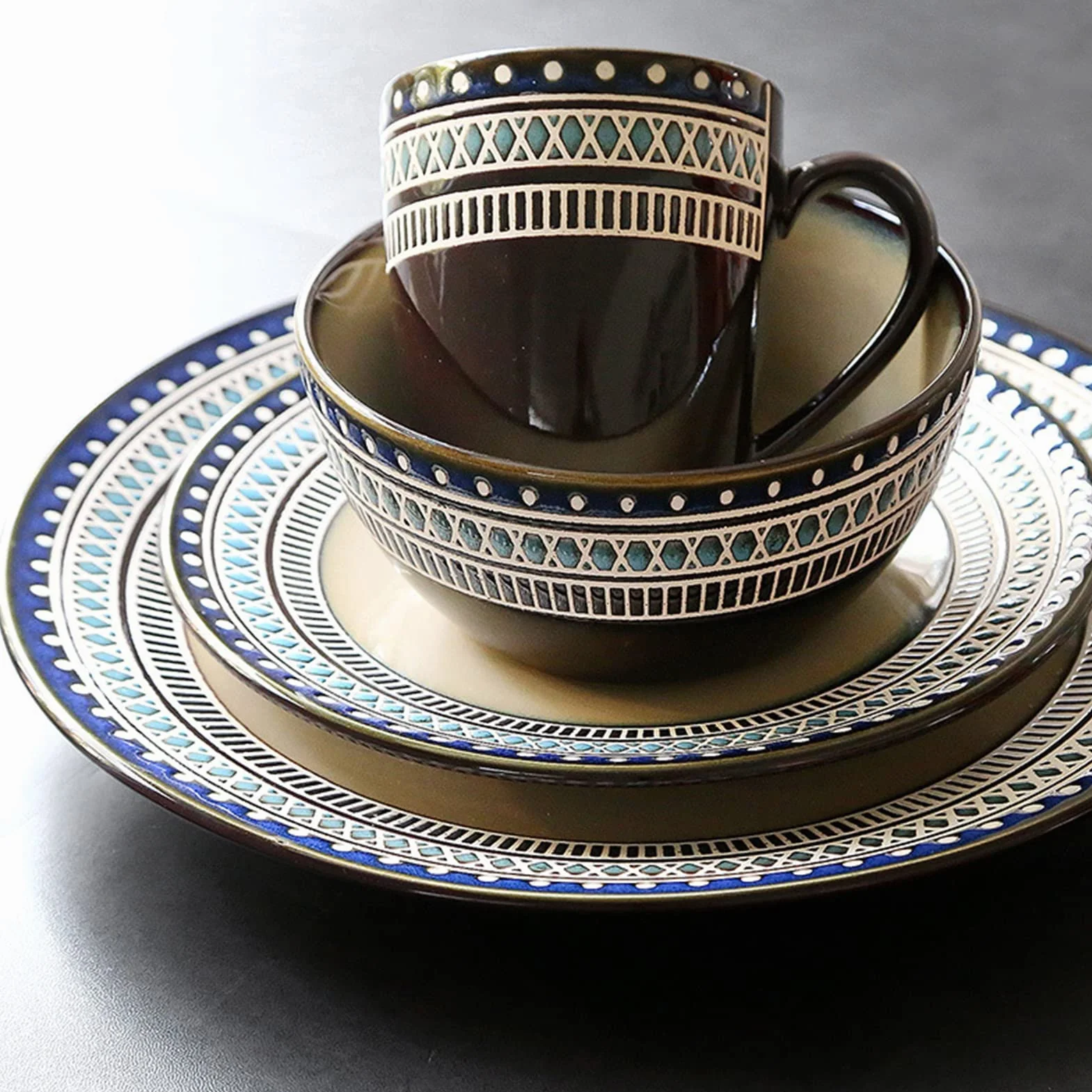 48-częściowy porcelanowy zestaw naczyń dla 12 osób, zestaw naczyń z porcelany, zestaw naczyń z 12 talerzy, 12 talerzy deserowych, 12 misek na płatki śniadaniowe, 12 filiżanek