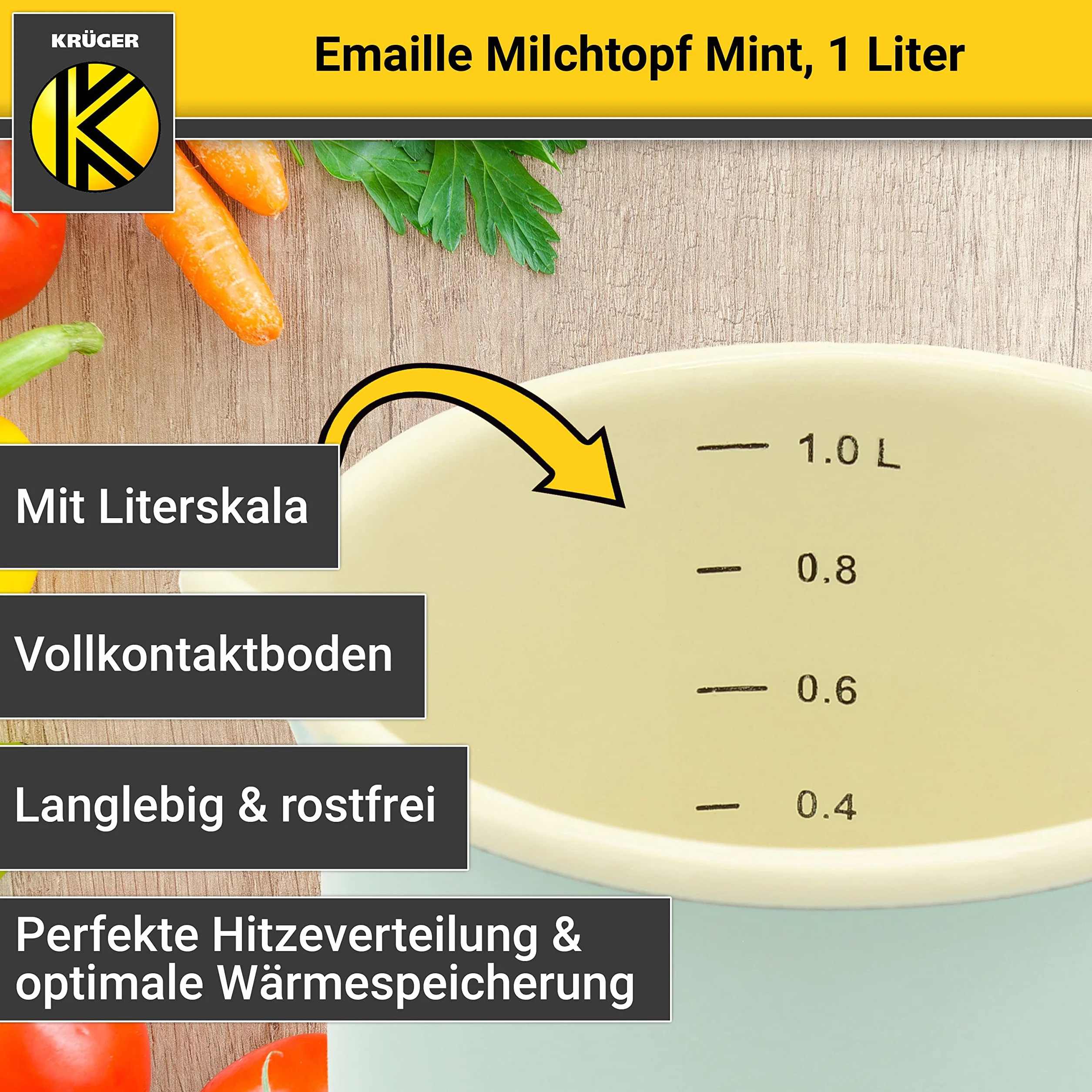Krüger Emaliowany garnek na mleko miętowy 12 cm, 1 litr – garnek z dnem w pełni stykowym do energooszczędnego gotowania – praktyczna wylewka i skala litrów – nadaje się do mycia w zmywarce i kuchenek indukcyjnych (miętowy)