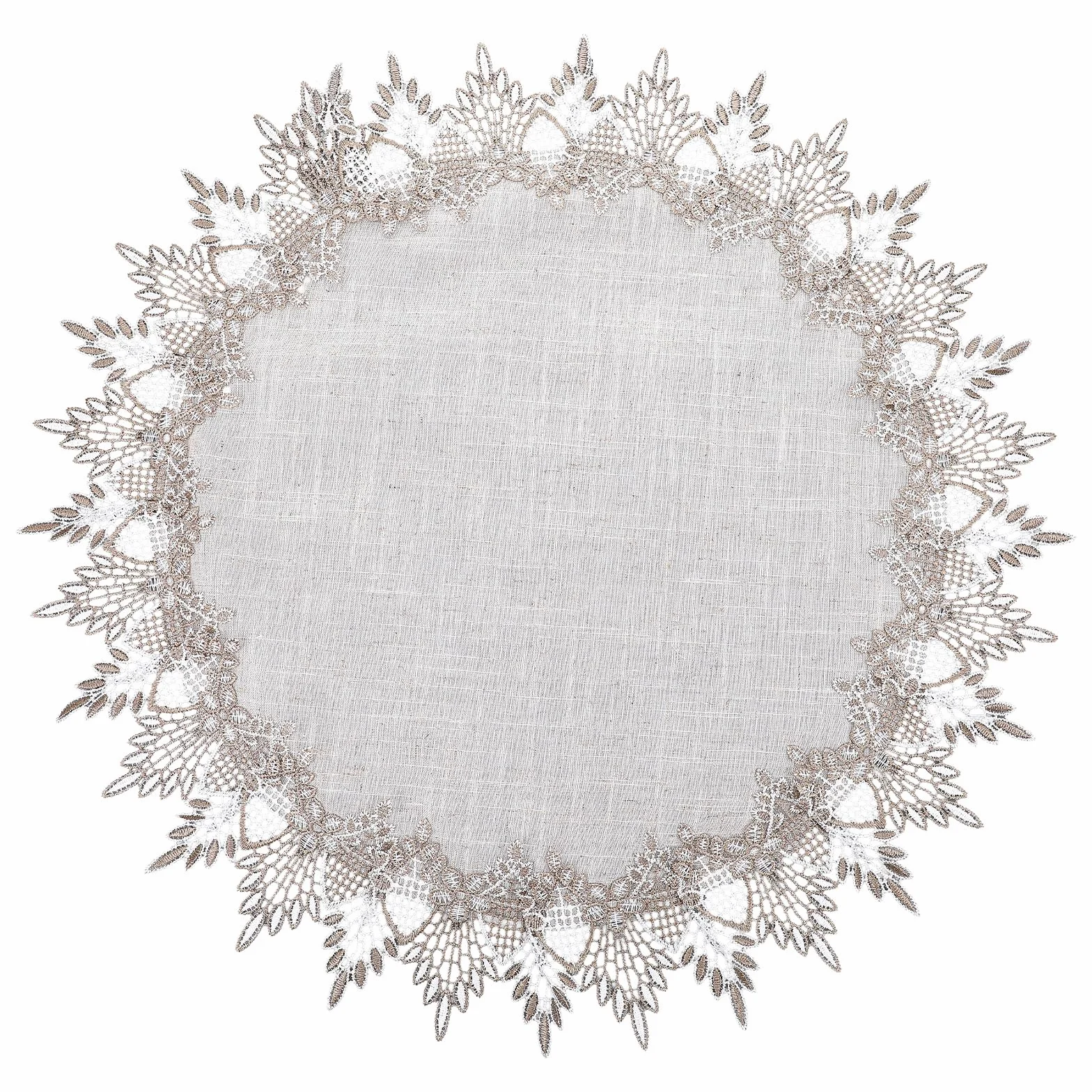 Okrągłe lniane obrusy, średnica 60 cm, szare obrusy lniane, zestaw podkładek stołowych, okrągły, neutralny, ziemisty szary bieżnik z koronkową krawędzią, zestaw podkładek w stylu vintage do stolika