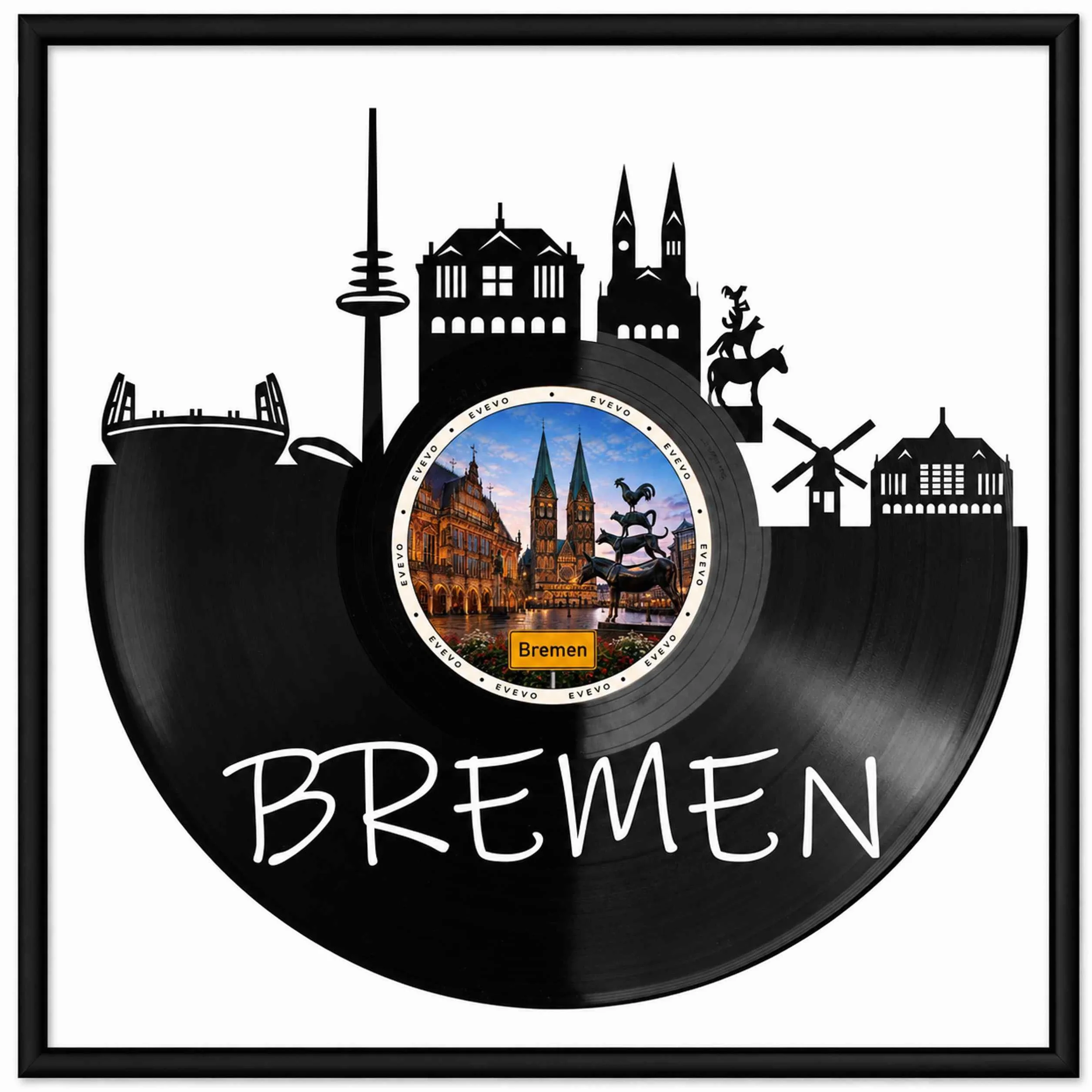 EVEVO Dekoracja ścienna z płyty gramofonowej w ramie 32 x 32 cm Brema – winylowa sztuka ścienna, Hanzestadt Skyline, prezent dla fanów Bremy, zorza polarna