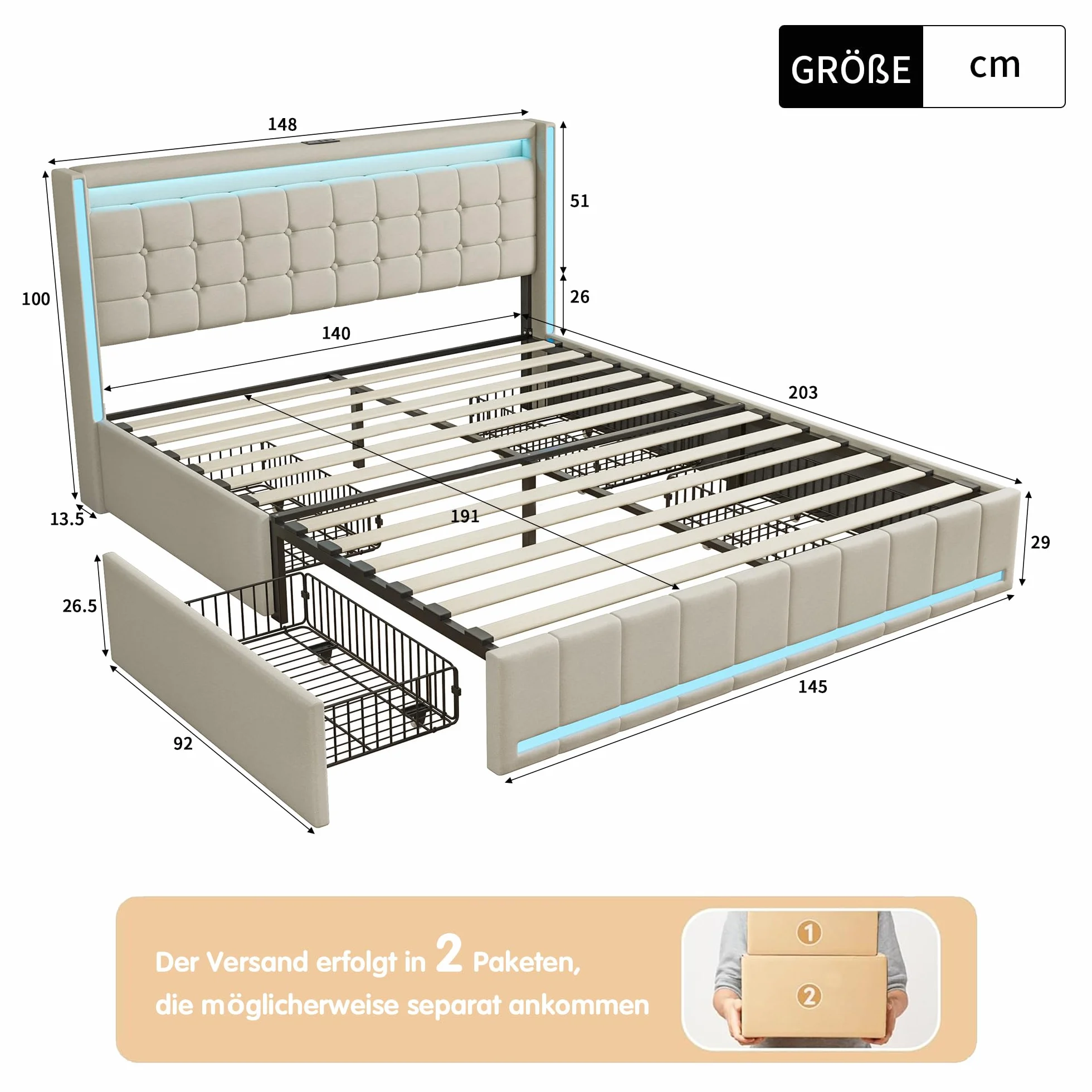 BRILVERDE Łóżko tapicerowane, podwójne 140 x 190 cm z miejscem do przechowywania, łóżko z 4 szufladami, zagłówek LED, z funkcją ładowania USB, lniane (beżowe, 140 x 190 cm)