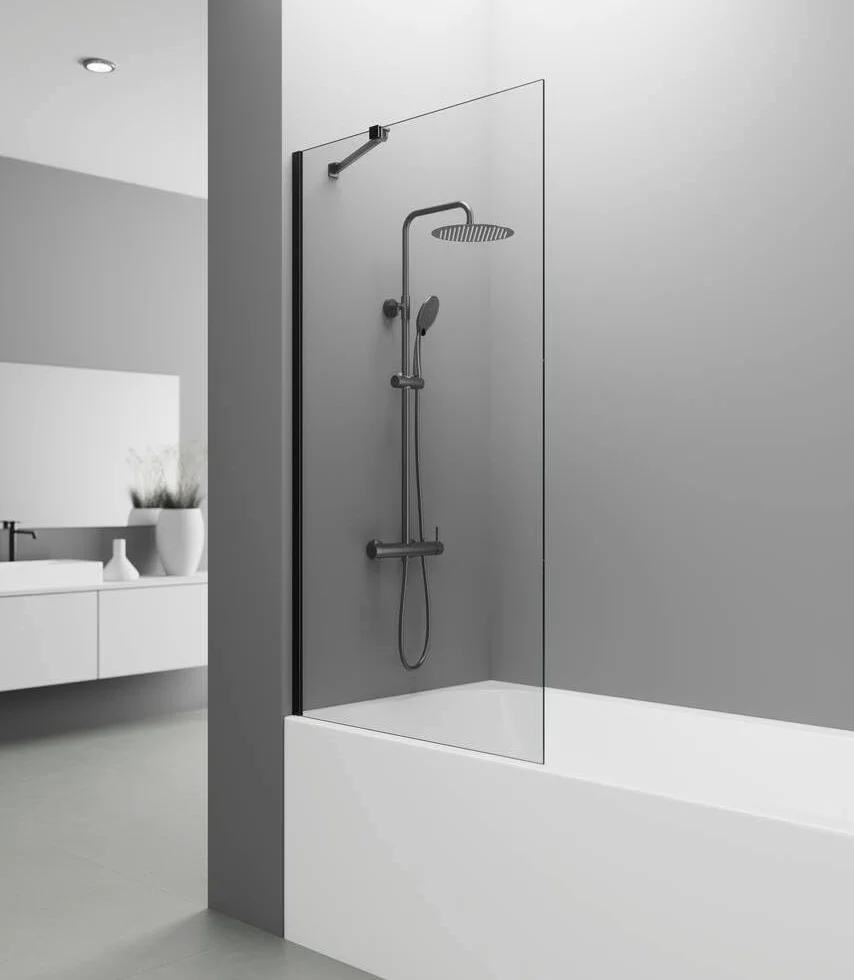 IMEX mata do wanny, stała, czarna, matowa, 85 cm, przednia ścianka z ramieniem mocującym, ścianka ze szkła antykamieniowego i profili aluminiowej o wysokości 150 cm, szkło o grubości 8 mm