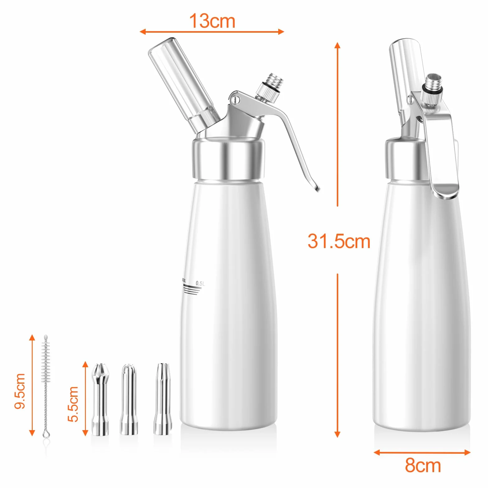Newaner Syfon do bitej śmietany 500 ml, z aluminium, z 3 końcówkami ze stali nierdzewnej, 1 szczotka do czyszczenia, do dekoracji tortów urodzinowych, ciast, lodów i deserów