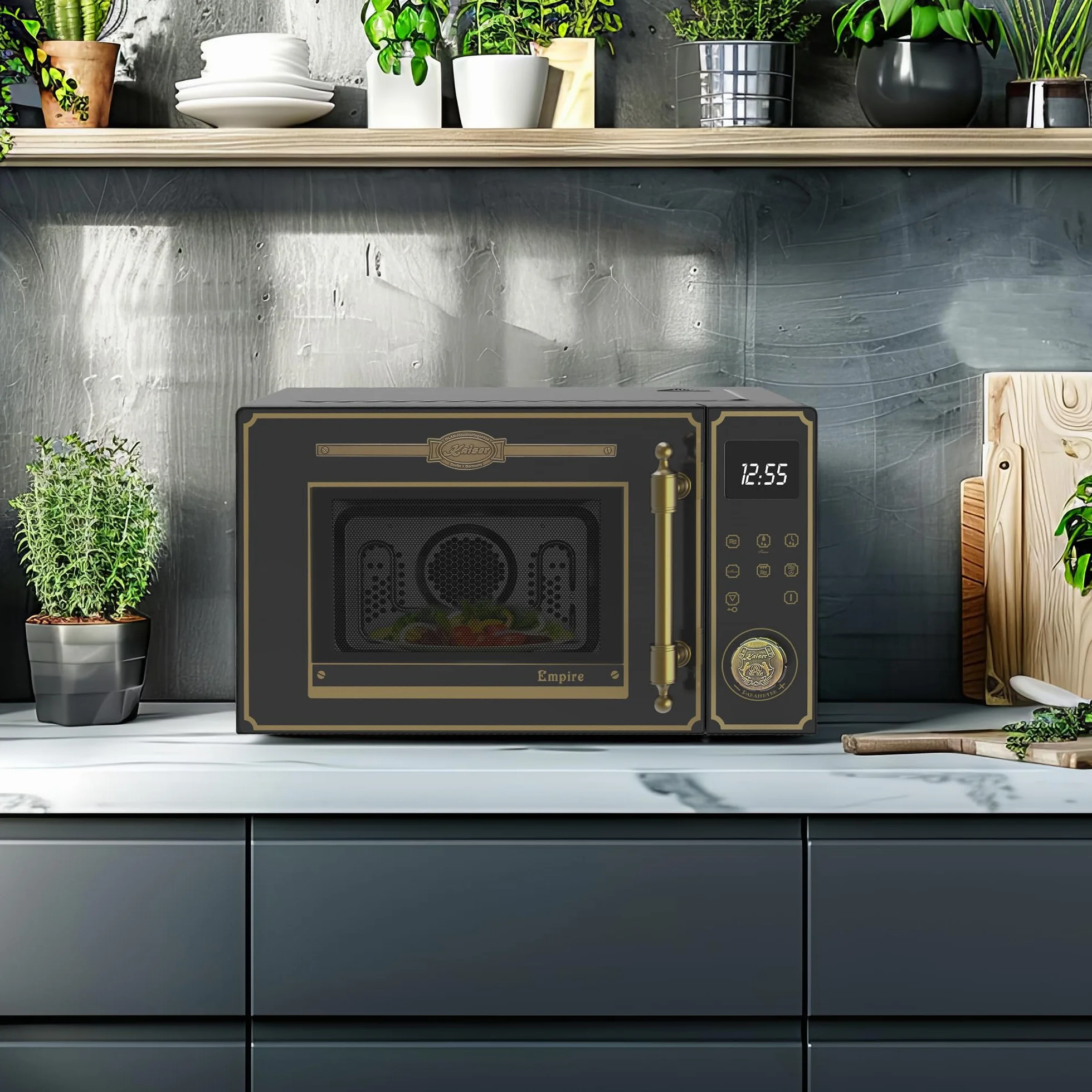 Kaiser Empire M 2530 Em Retro kuchenka mikrofalowa w kolorze czarnym | 25 l | grill 1200 W | gorące powietrze 2200 W | obsługa FullTouch z pokrętłem obrotowym | szklany front | uchwyt drzwi z