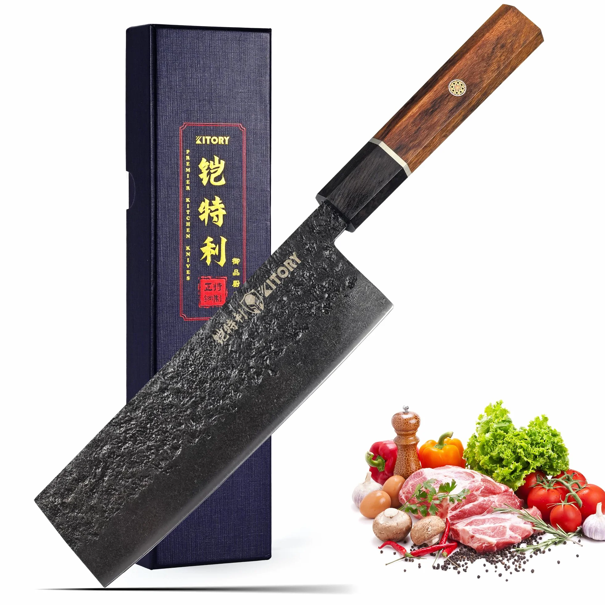 Kitory Nakiri & Usuba Nóż do Warzyw Japoński 16,5 cm | Ostre profesjonalne ostrze, Elegancka rączka z czarnego drewna, Wkładka z czerwonej gumy