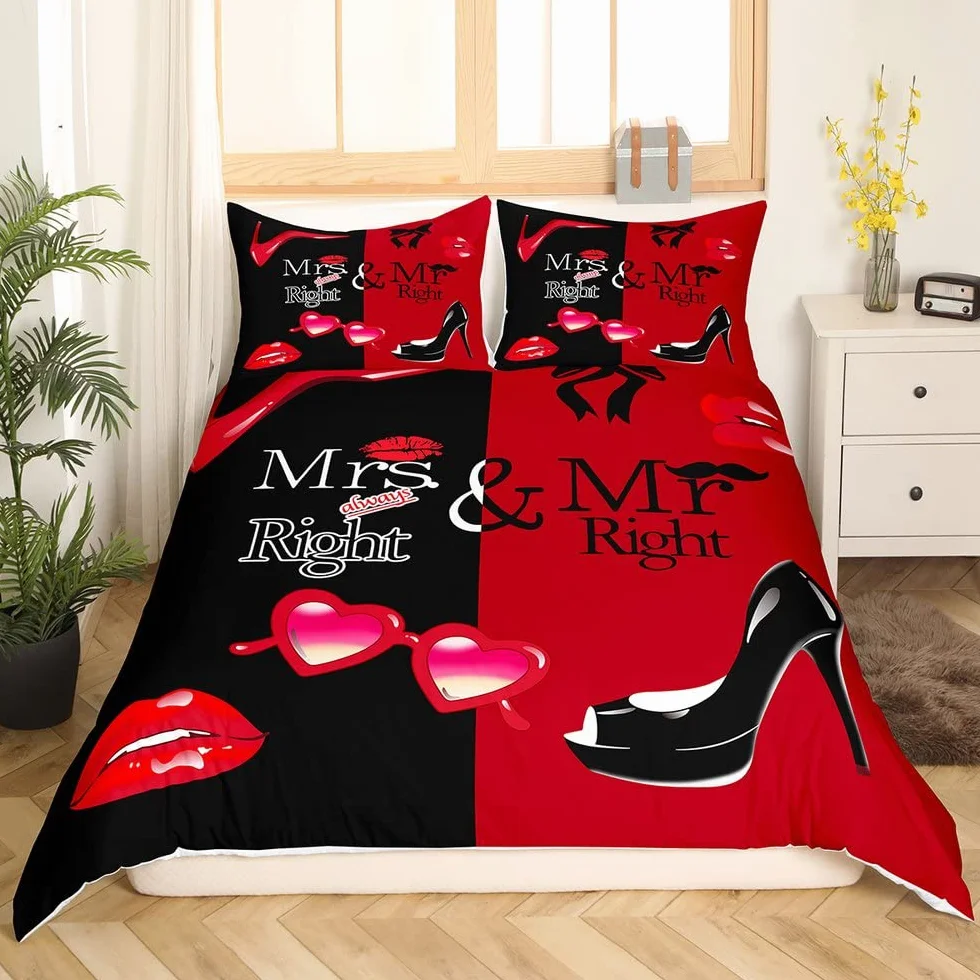 Mr Mrs zestaw pościeli para romantyczna ślubna poszewka na kołdrę czarny czerwony kreatywny zabawny cytat poszewka na kołdrę seksowna czerwona usta wąsy romans narzuta na łóżko 3 szt. rozmiar king size