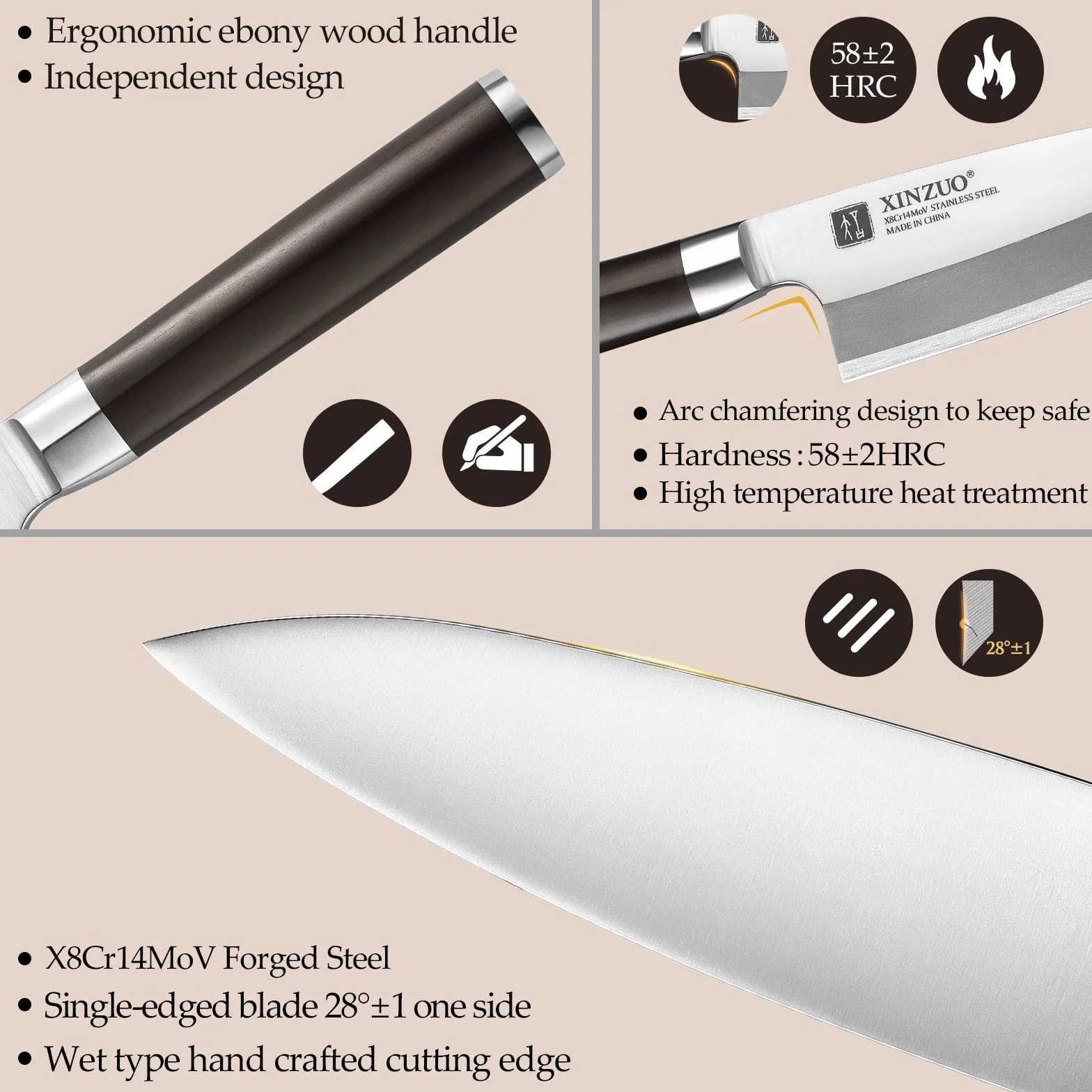 XINZUO 18 cm Deba nóż ze stali nierdzewnej X8Cr14MoV, japoński nóż sashimi do sushi, pojedyncze ostrze, nóż szefa kuchni, profesjonalny nóż do ryb, uchwyt hebanowy, z pochwą z drewna brzozowego