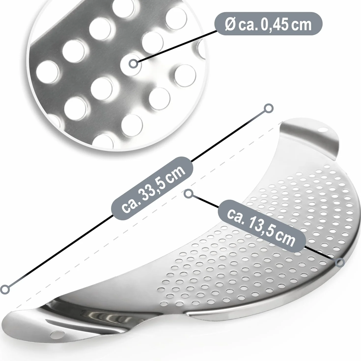 COM-FOUR® sitko do garnków - sitko w ksztalcie pólksiezyca - kratka ociekowa do misek, patelni i garnków 24 cm - pólokragle sitko, sitko do makaronu mozna myc w zmywarce, stal nierdzewna 430