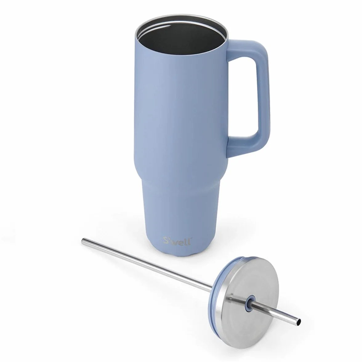 S'well Tumbler XL, kubek do napojów wielokrotnego użytku, ze słomką, trójwarstwowa butelka ze stali nierdzewnej, utrzymuje napoje gorące przez 50 h i zimno przez 10 h, 1180 ml, niebieska hortensja