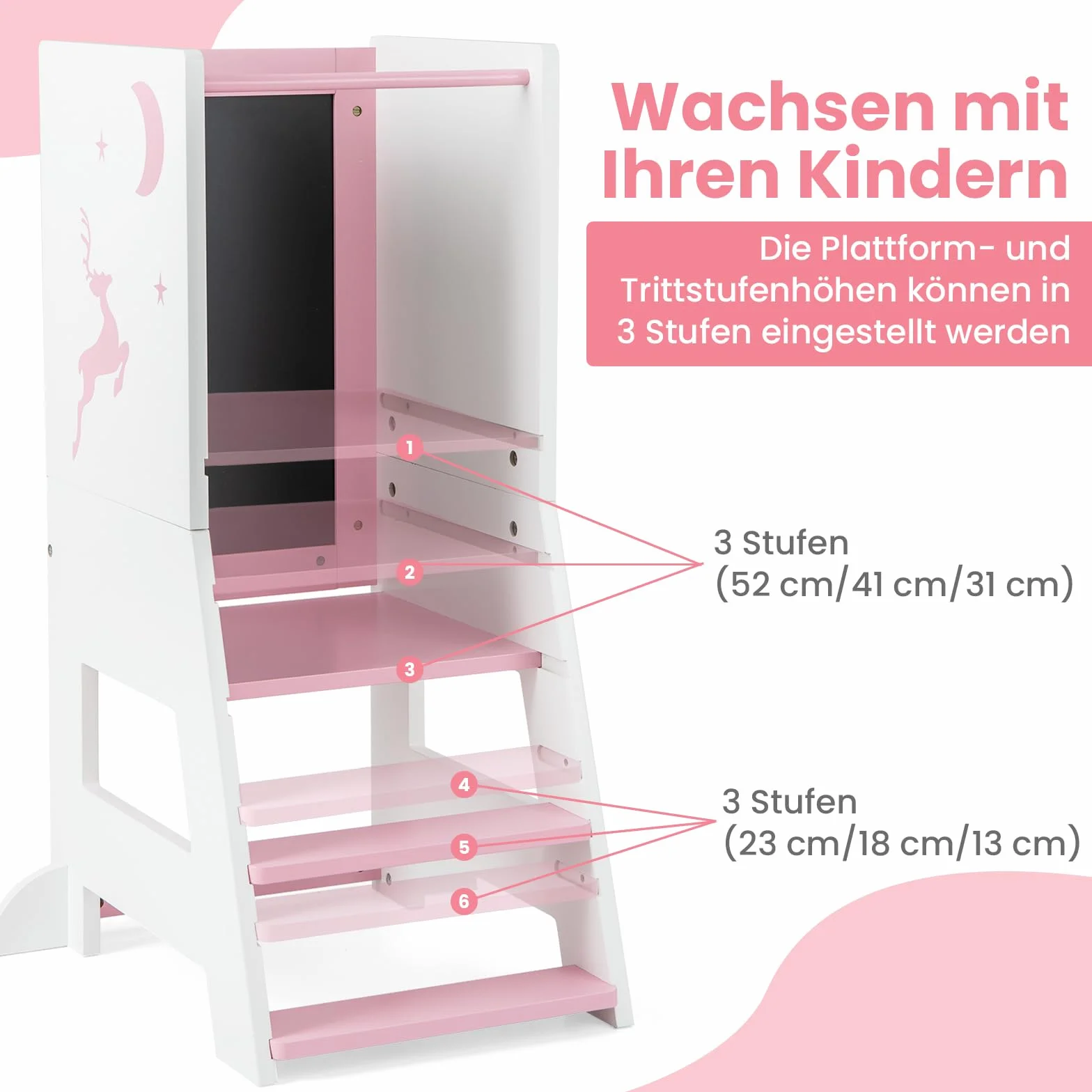 COSTWAY Wieża edukacyjna dla dzieci, 2 w 1, taboret do stąpania montessori z 3 regulowanymi wysokościami i dwustronną tablicą, stołek z 3 bolcami, pomocnik kuchenny dla dzieci od 1 lat, obciążenie 70