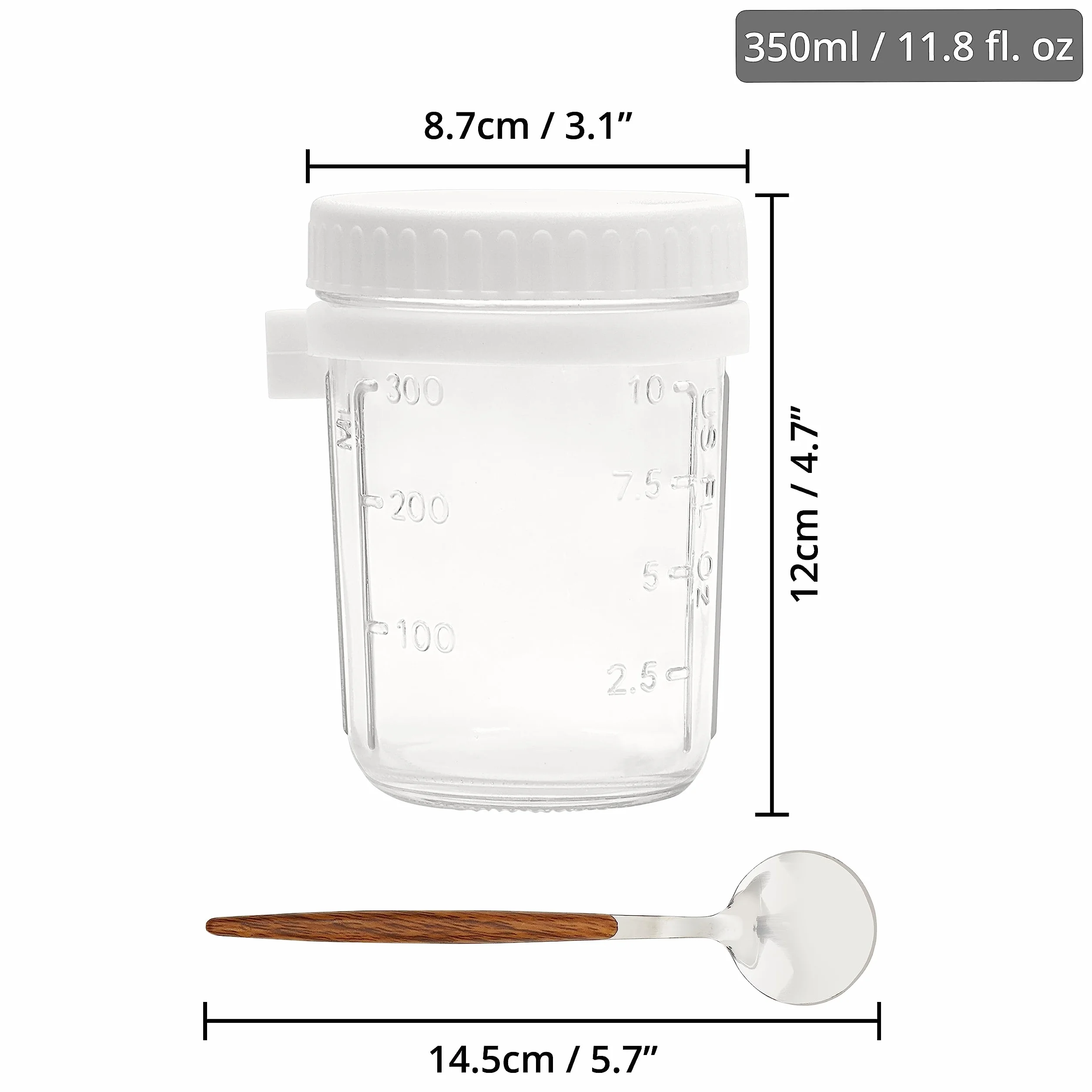 Winter Shore Pojemniki na Owsiankę na Noc z Pokrywkami i Łyżkami [2 Sztuki] - Przezroczyste Słoiki do Przechowywania Żywności z Miarką i Silikonowymi Pokrywkami - 350ml