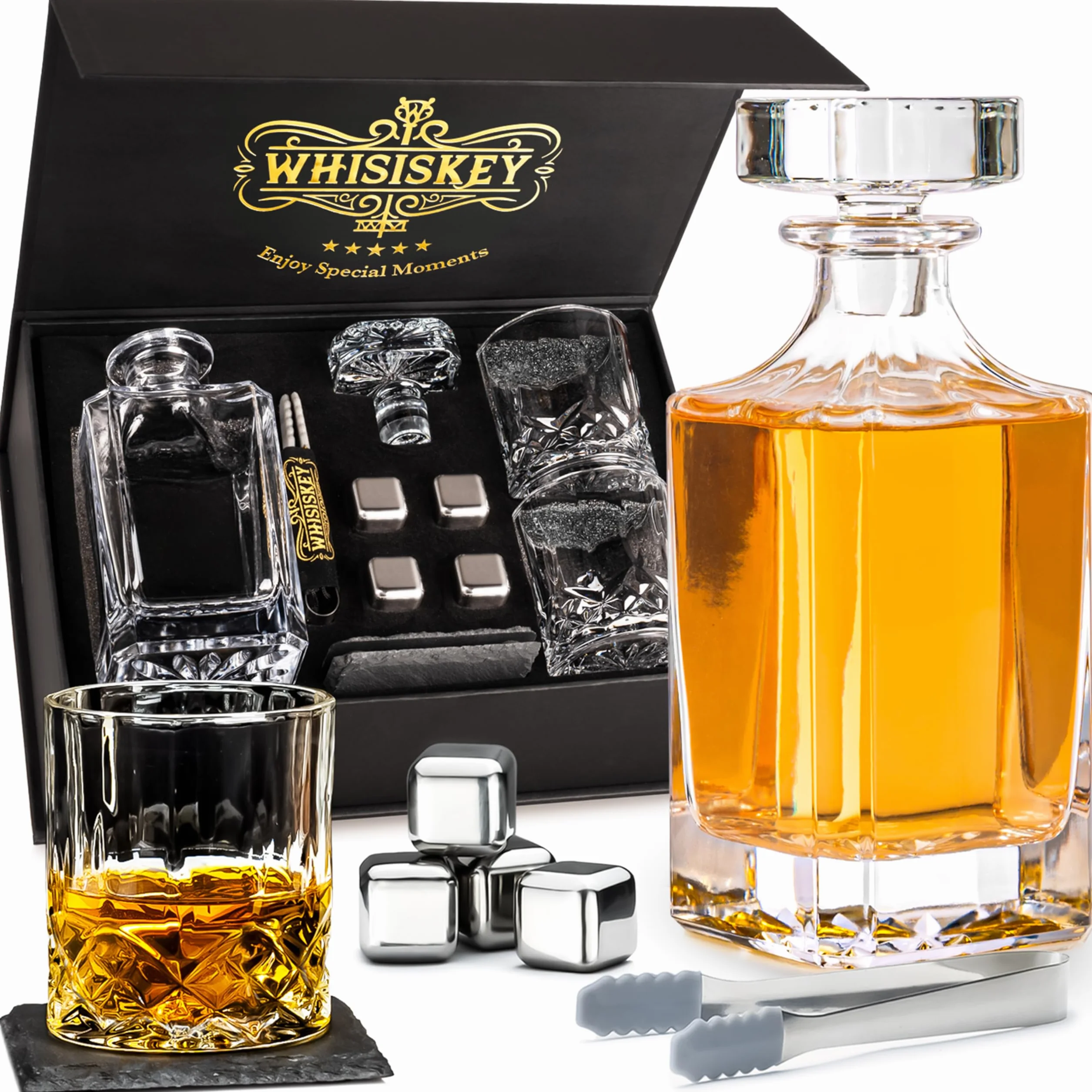 WHISISKEY Zestaw Karafka do Whisky - Zestaw Prezentowy Whiskey - Prezenty dla Mężczyzn - Pomysły na Prezent dla Mężczyzny - Klasyczna Karafka 700ML, 2 Szklanki do Whisky, 4 Kamienie do Whisky