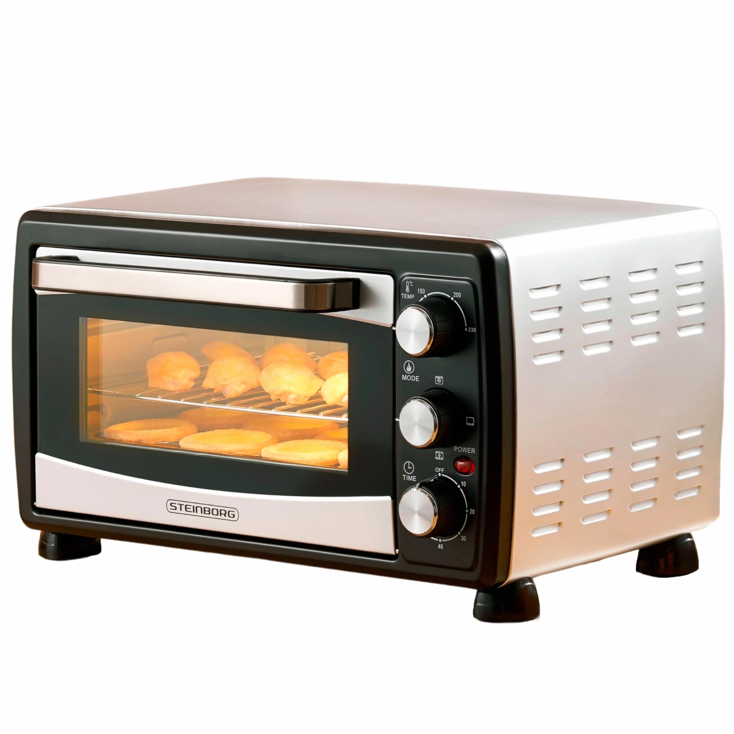 Mini piekarnik 20 l, piec do pizzy, mini piekarnik 3 w 1, z termoobiegiem, wyjmowana blacha na okruchy, 1400 W, grzanie górne/dolne, stal nierdzewna, timer 60 min