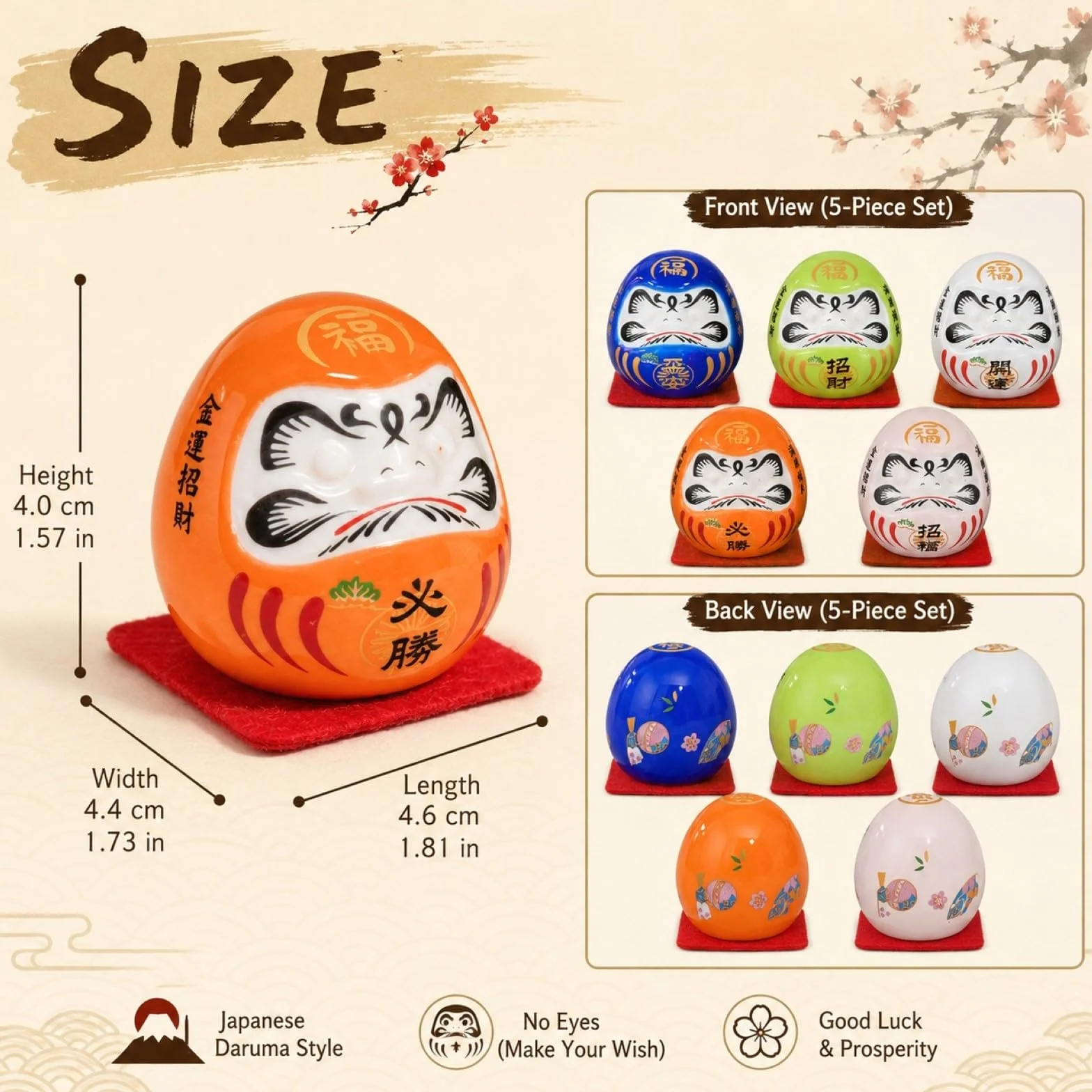 LOGOFUN 5 szt. mała figurka Daruma japońska lalka Daruma zestaw ceramiczna statuetka szczęścia Daruma do wnętrz domu samochodu dekoracja biurka - bez oczu 4,5 cm