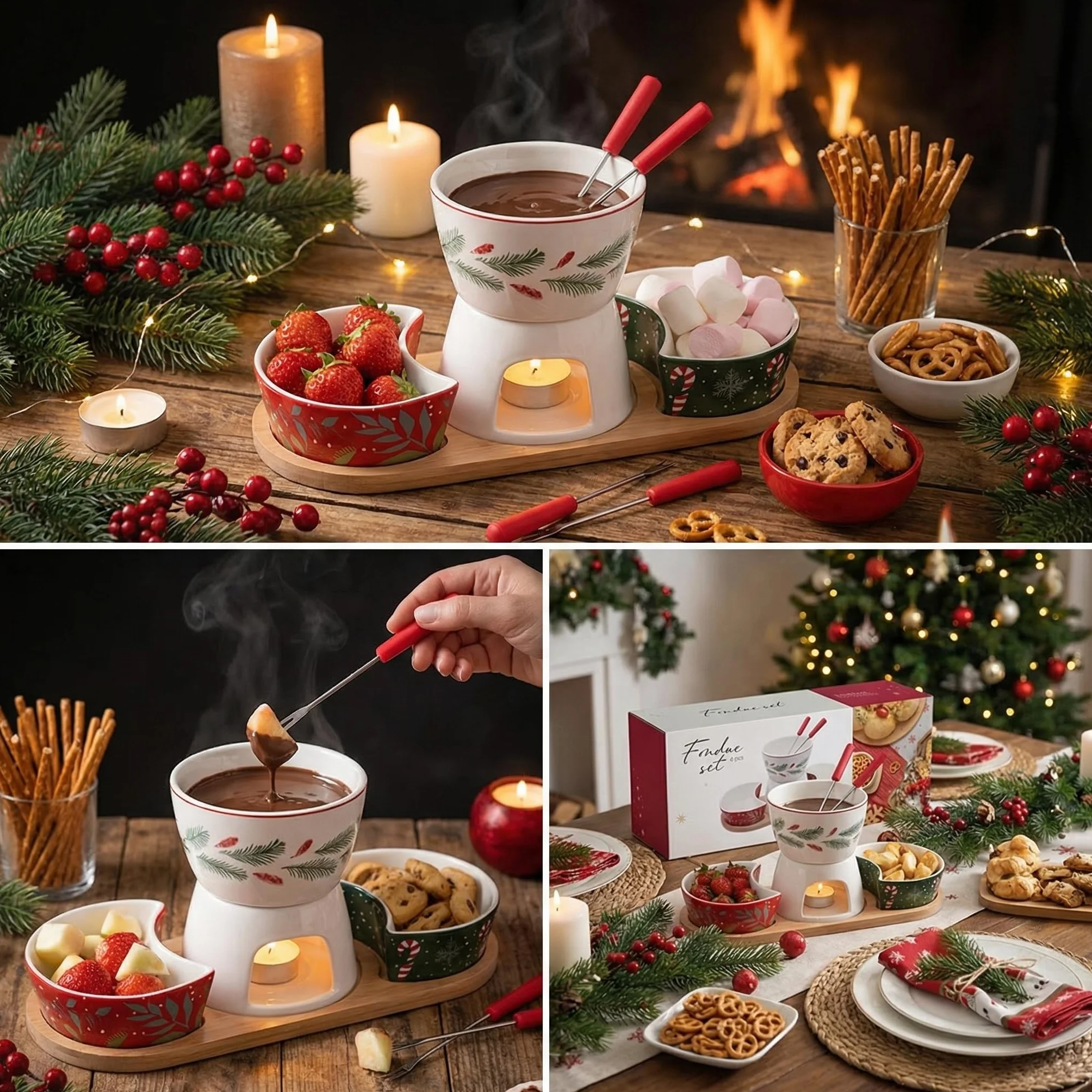 MIJOMA 6-częściowy zestaw do fondue bożonarodzeniowego – porcelanowe fondue z 2 widelcami, 2 miseczkami i drewnianą tacą – zimowy zestaw dekoracyjny i serwujący na świąteczne chwile rozkoszowania się
