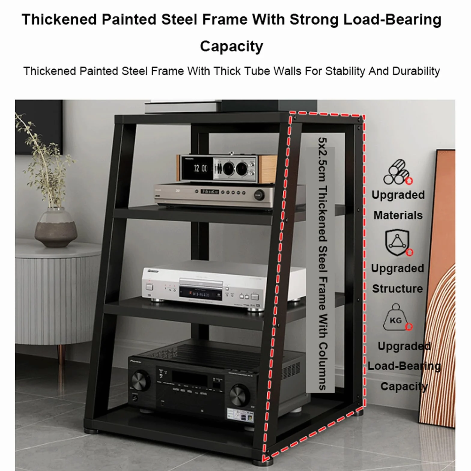 Stojak Av Media Stojak z kółkami Trapezowa konsola do gier Półka Rolling Home Stereo System Rozrywka Komponenty Szafka do gramofonu Salon, Nero-4 Poziom