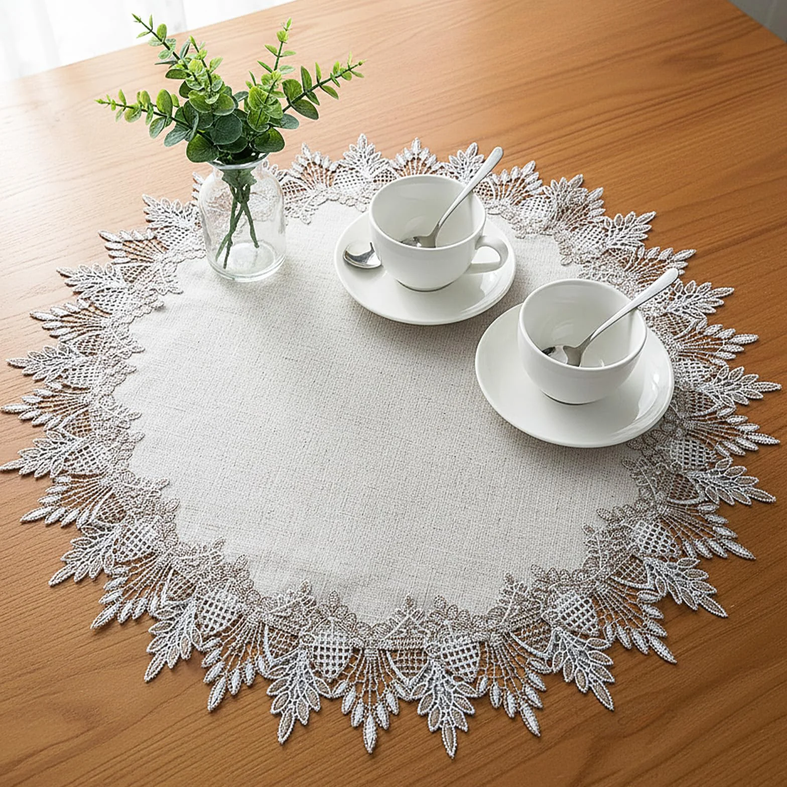 Okrągłe lniane obrusy, średnica 60 cm, szare obrusy lniane, zestaw podkładek stołowych, okrągły, neutralny, ziemisty szary bieżnik z koronkową krawędzią, zestaw podkładek w stylu vintage do stolika
