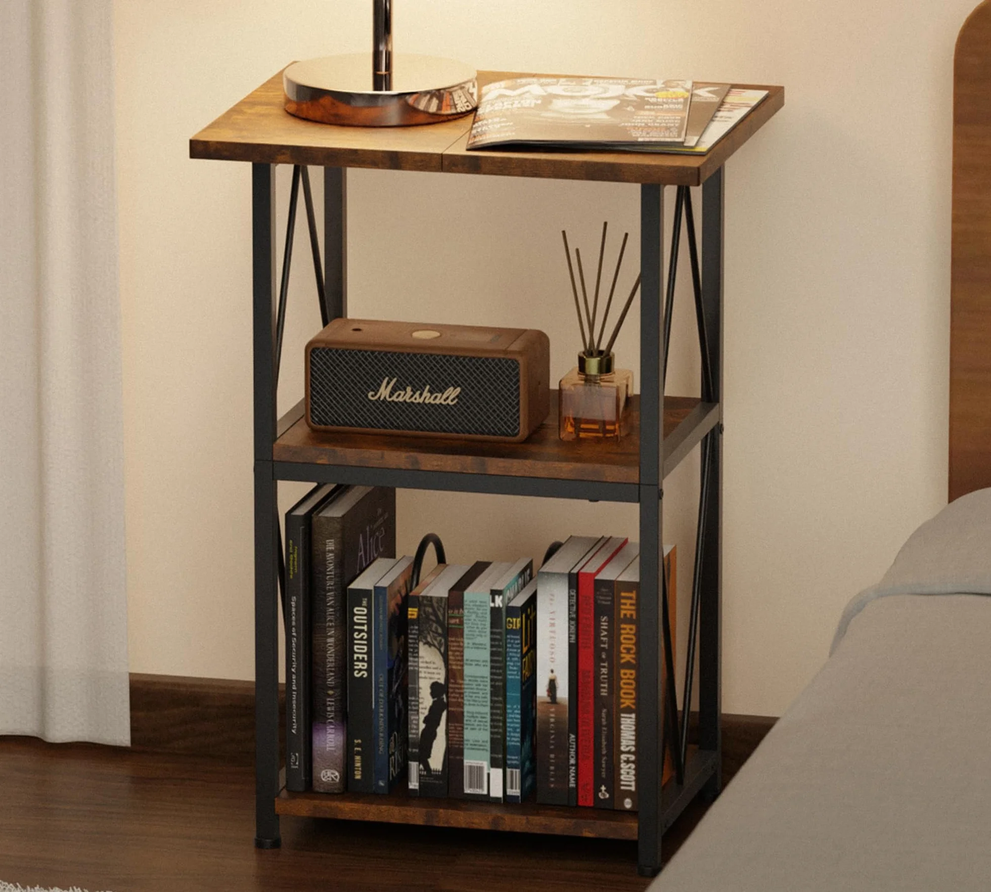 3-poziomowy stół gramofonowy, stojak winylowy 50x40 cm z miejscem do przechowywania | Brązowy design vintage z szerokim blatem, idealny jako stolik pomocniczy do salonu, sypialni i przestrzeni muzycznej.