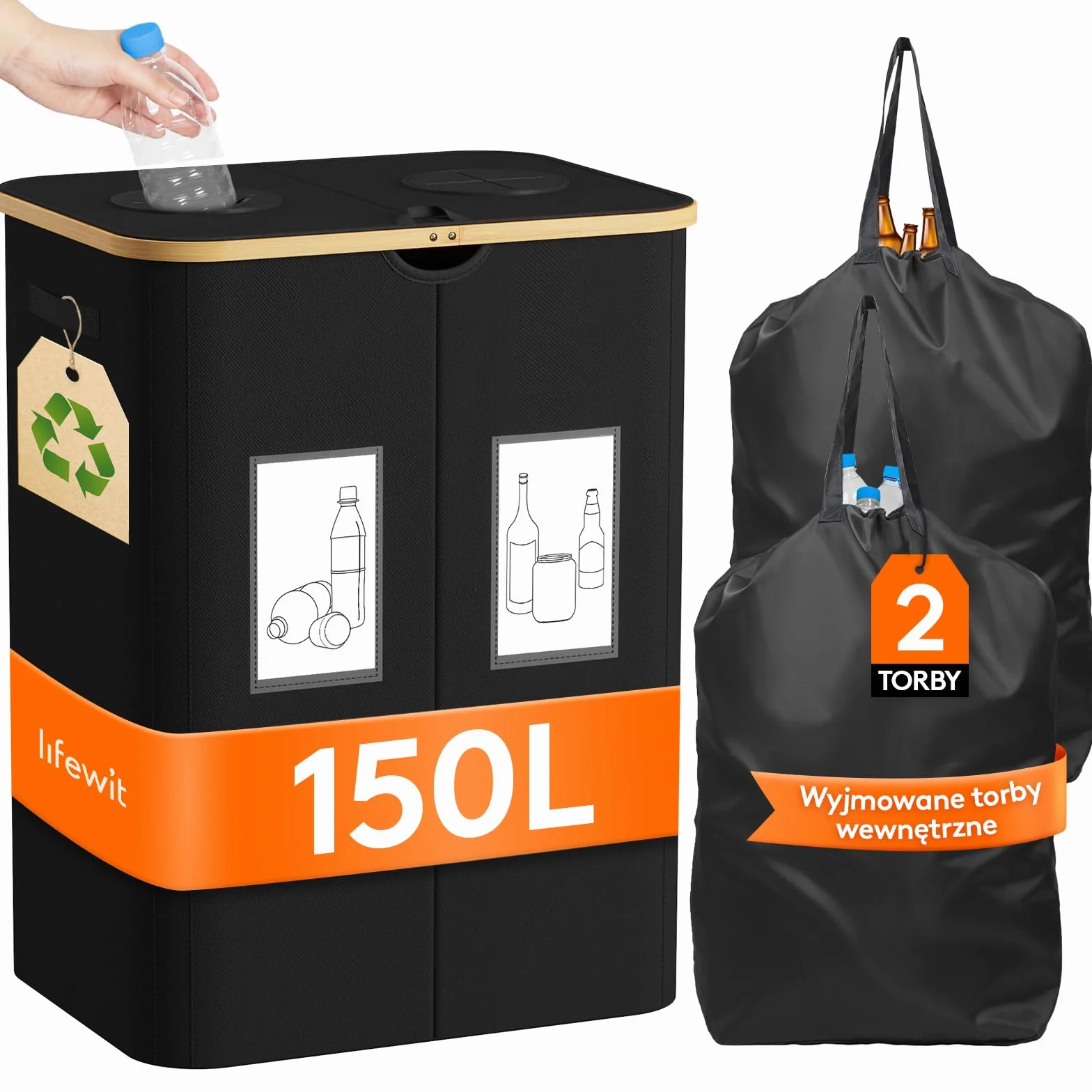 Lifewit Pojemnik Butelki z Pokrywą, 2 Komory 150 L, Pojemnik do Selektywnego Sortowania Butelek Plastikowych i Szklanych, Recyklingu na Zewnątrz Otworem, Przechowywania w Kuchni, Czarny