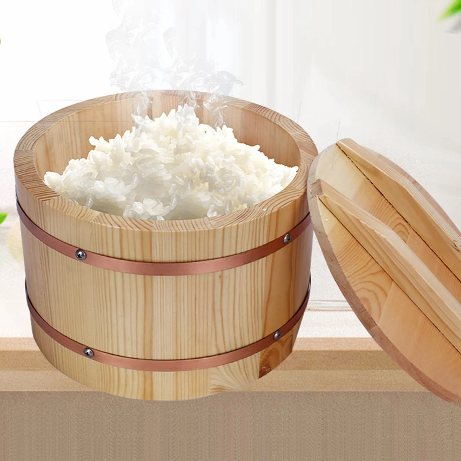 Japońska miska do ryżu Sushi-Hangiri Sushi Oke pojemnik do mieszania ryżu pojemnik na jedzenie z miedzianą opaską do domowej kuchni restauracji, 24 cm/9,5 cala