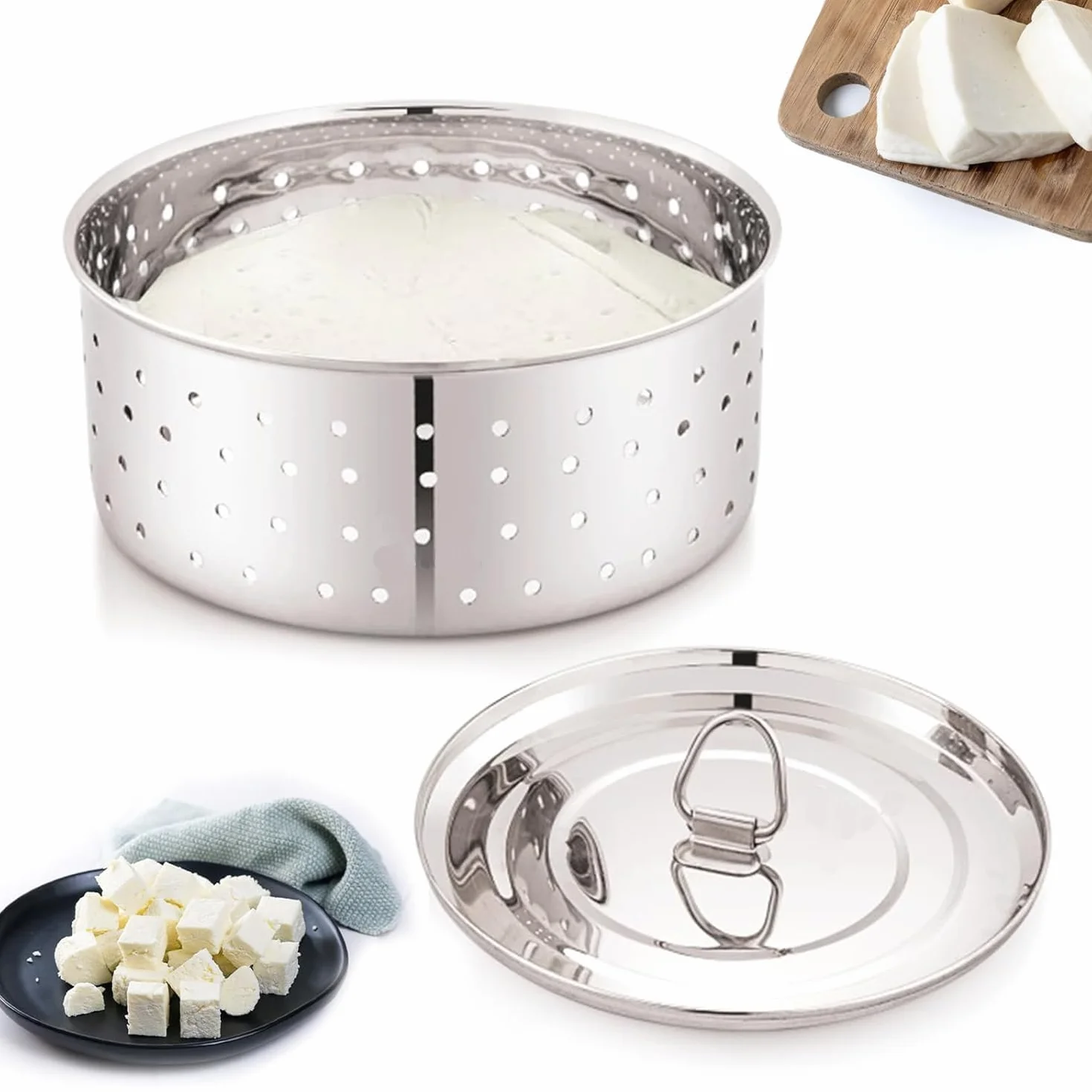 Okrągła forma paneer ze stali nierdzewnej, sitko Paneer, 500 ml, prasa Paneer (okrągła, 1 szt., srebrna)