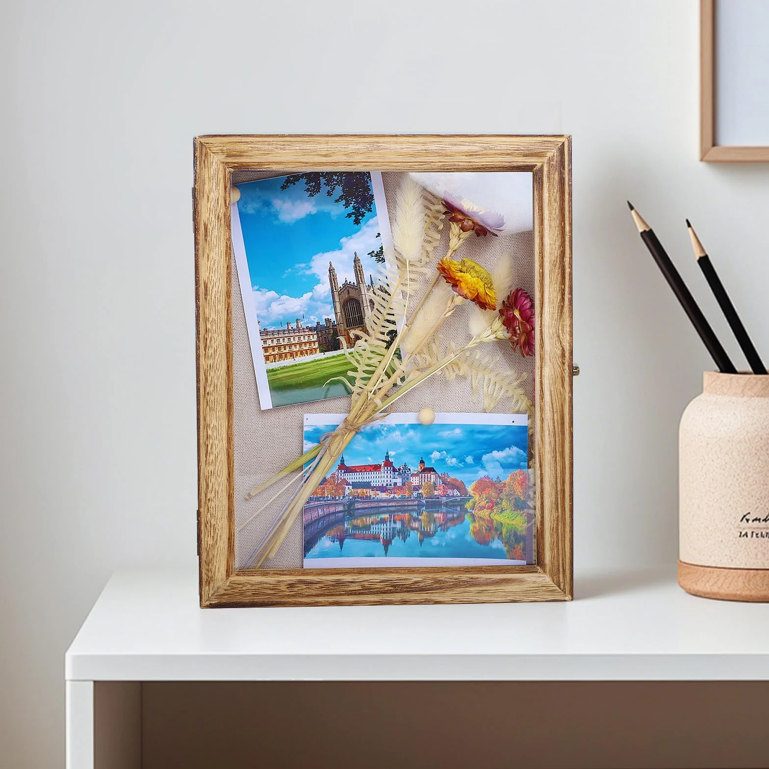 Drewniana ramka na cienie, 25 x 20 cm głębokości, ramka na zdjęcia do powieszenia na ścianie lub blacie, ramka ekspozycyjna 3D na zdjęcie, kwiaty, dzieła sztuki, pamiątki