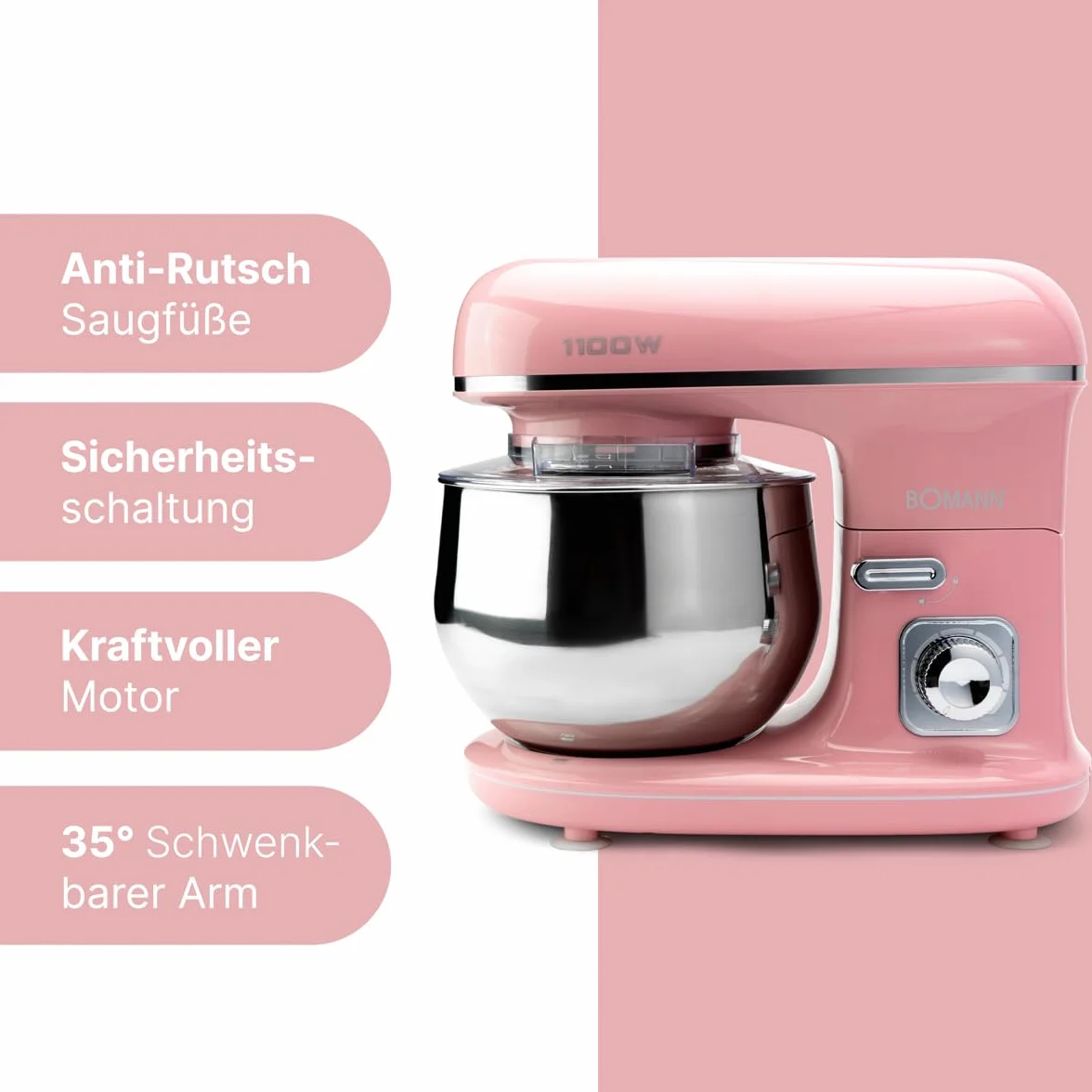Bomann® Robot kuchenny w stylu retro, 5 l, z mocnym silnikiem 1100 W, w zestawie z hakiem i trzepaczką, w stylu retro, ochrona przed pryskaniem, z otworem do napełniania – KM 6030 CB różowy
