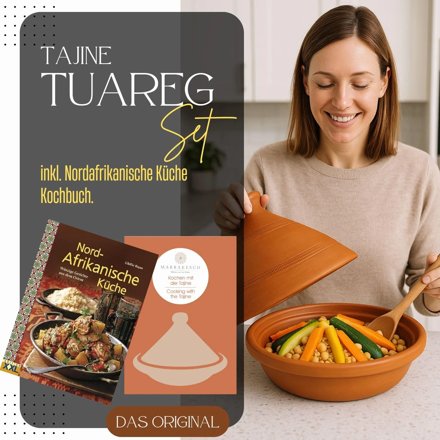 Tajine, z Maroka, w tym książka kucharska kuchni północnoafrykańskiej, gliniany garnek do gotowania, tuareg, ręcznie wykonany z Marrakeszu, wolny od szkodliwych substancji, terakota, Ø 30 cm, dla 4-5