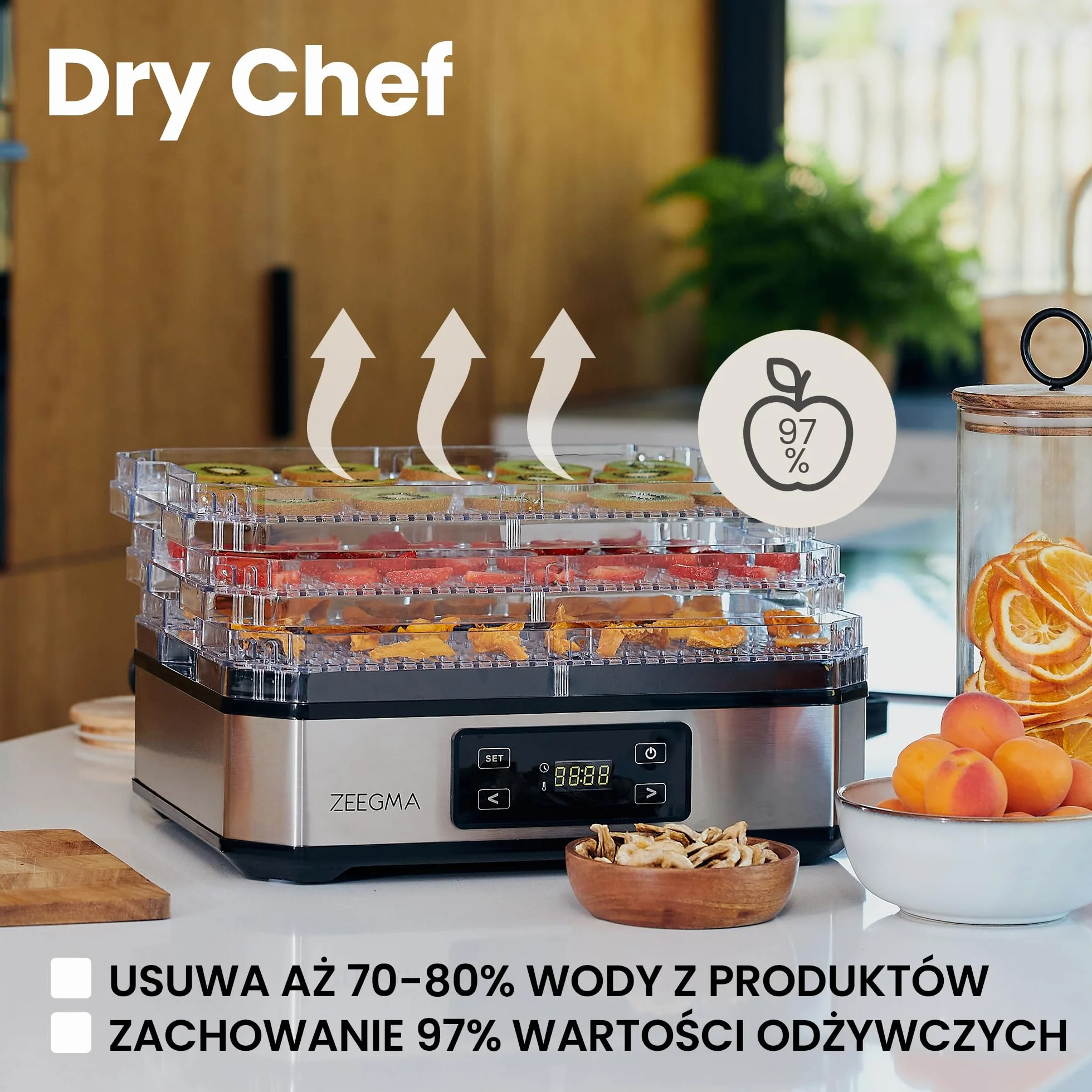 ZEEGMA DRY CHEF Suszarka do Żywności do Grzybów Moc 500 W, Suszarka Spożywcza do Owoców i Warzyw, 6 Pudełek Sit, Regulacja Temperatury 35-70˚C, Termoobieg, Timer do 72 h