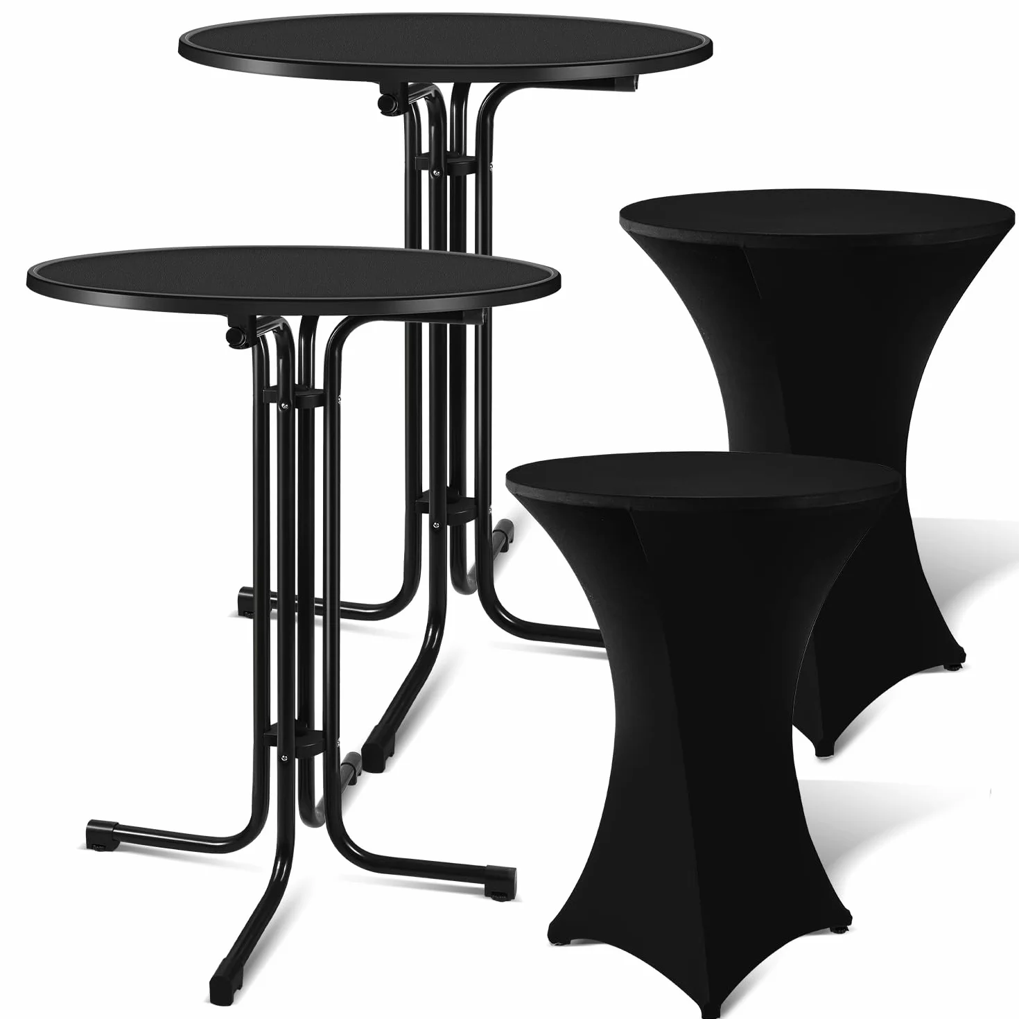 Zestaw 2 stolików barowych, składanych, Ø 80 cm, z pokrowcem, okrągły, 110 cm wysokości, stół bistro, odporny na warunki atmosferyczne, czarny, malowana proszkowo płyta ze stali nierdzewnej