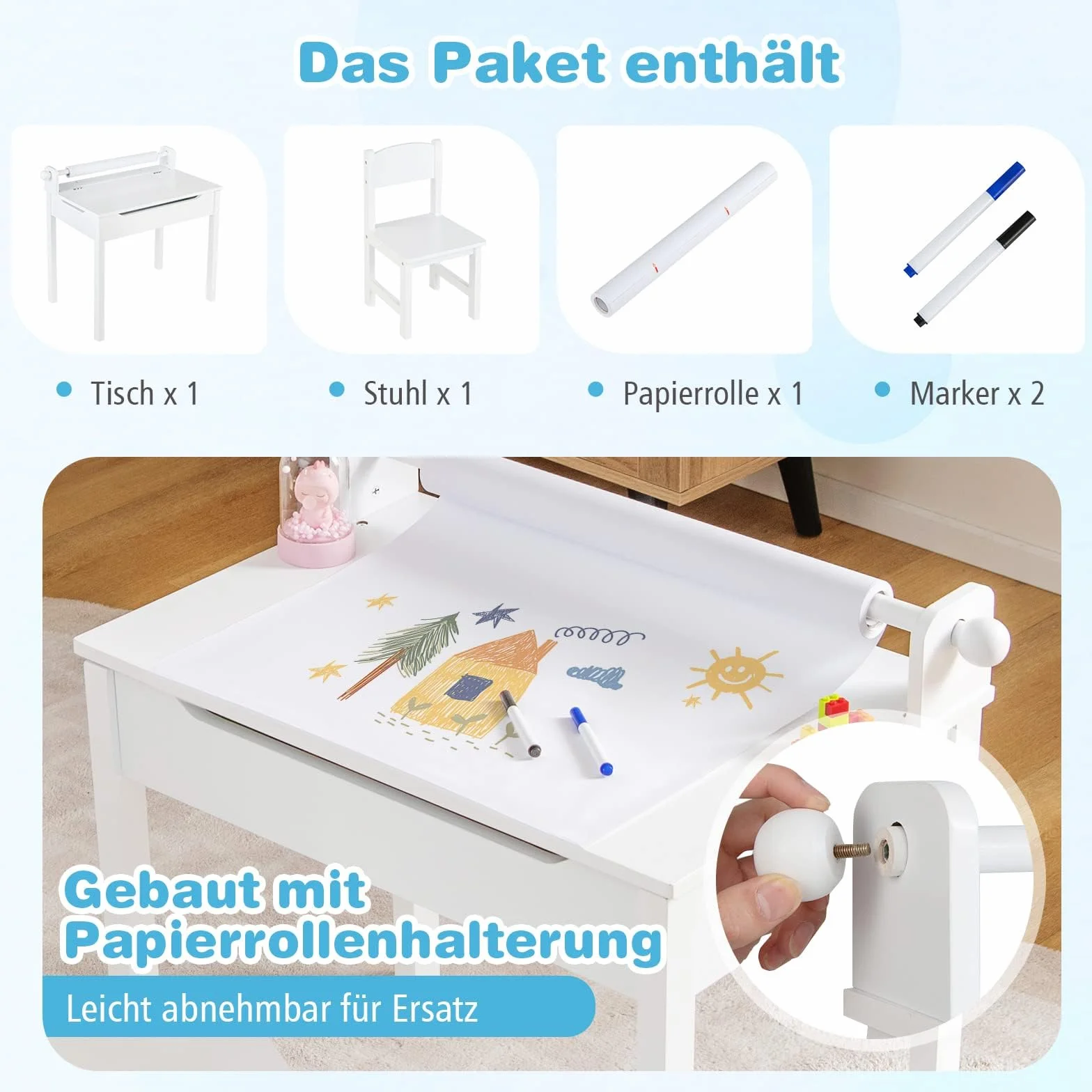 COSTWAY Biurko dziecięce z krzesłem, stół dziecięcy ze składanym blatem, biurko młodzieżowe z uchwytem na rolki papieru i markerami, biurko dla dzieci od 3 lat (białe)