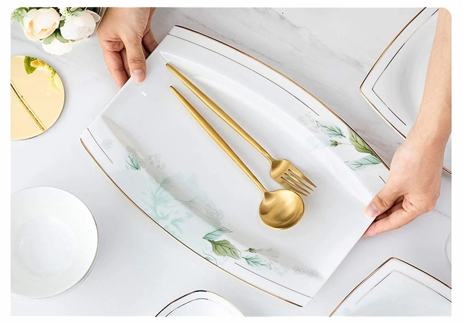 H3TF5J Ceramiczny zestaw zastawy stołowej, piekarnik mikrofalowy bezpieczny zastawa stołowa, zastawa stołowa w parametingu domowym, zastawa stołowa Glaze Glaze Gold Edge, 45% proszku bez ołkolenia