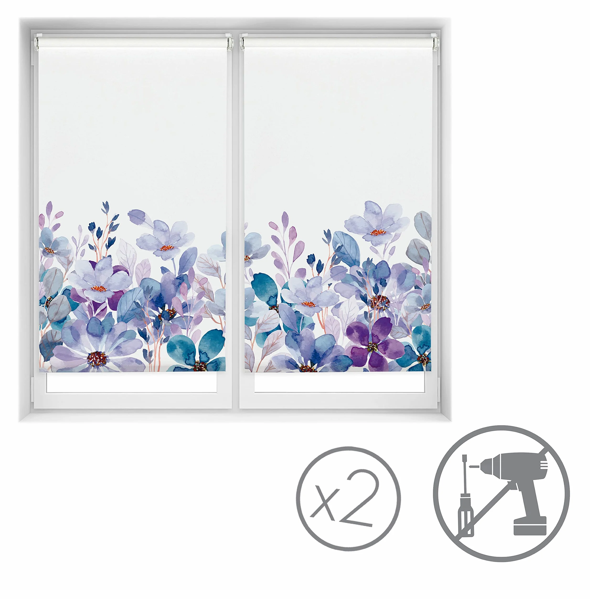 Blindecor Pojedyncze opakowanie 2 sztuki bez wiercenia Nadruk - przezroczyste masło, Violet Garden, 85 x 150 cm (szerokość na wysokość). Rozmiar tkaniny 82 x 145 cm
