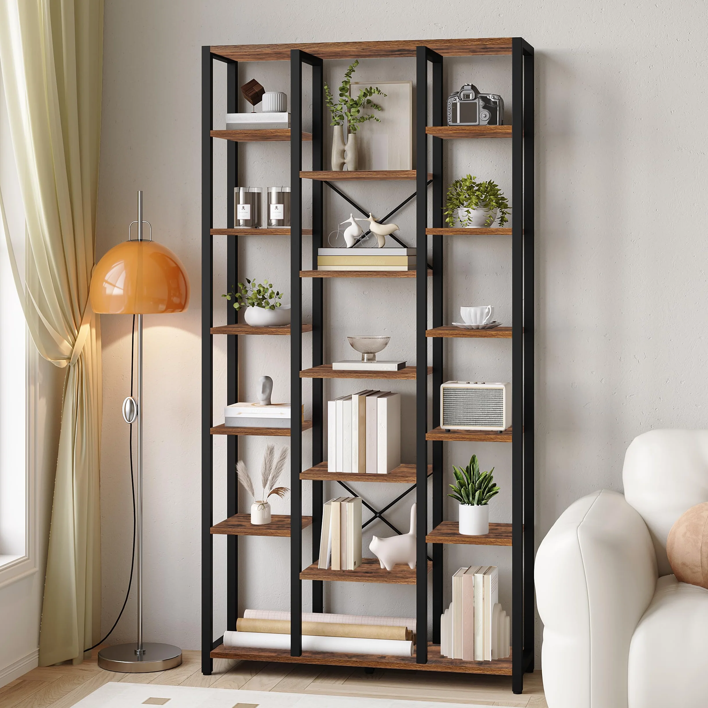 Hzuaneri Regał, 7-poziomowa biblioteczka z 18 otwartymi półkami, regulowany regał do salonu lub biura domowego, 30 x 100 x 200 cm, Rustykalny brąz i czerń, BC15601B