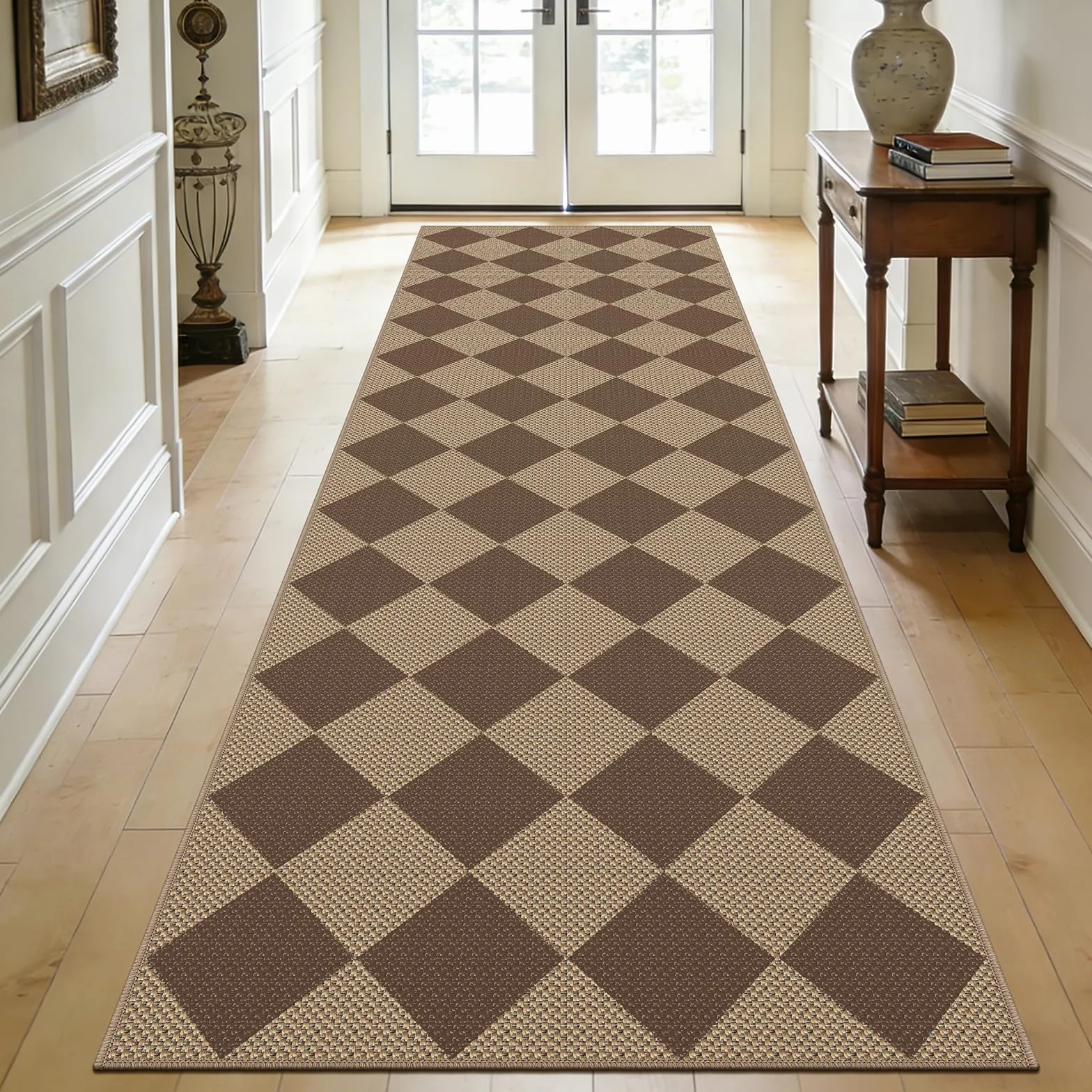 Capslpad Dywanik na korytarz, 80 x 300 cm, w kratkę, wygląd juty, naturalny, nadaje się do prania, brązowy, antypoślizgowy, do salonu, korytarza, kuchni, sypialni, na balkon