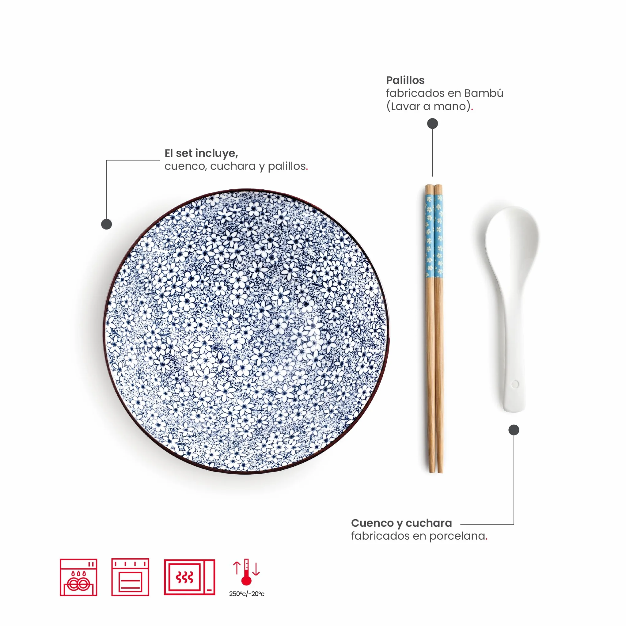 IBILI - Zestaw do Ramen Sapporo, miska + łyżka + 2 pałeczki, porcelana