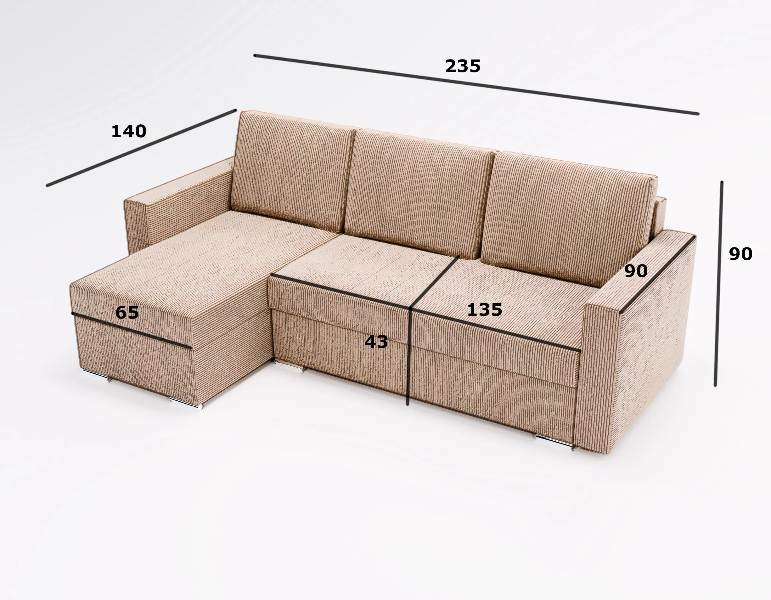 Narożnik Bravia z funkcją spania – Wolnostojący – Komfort i styl w minimalistycznej formie Automat ułatwiający rozkładnie – 235 x 140 x 90 cm – Zoom 6 (Brąz)